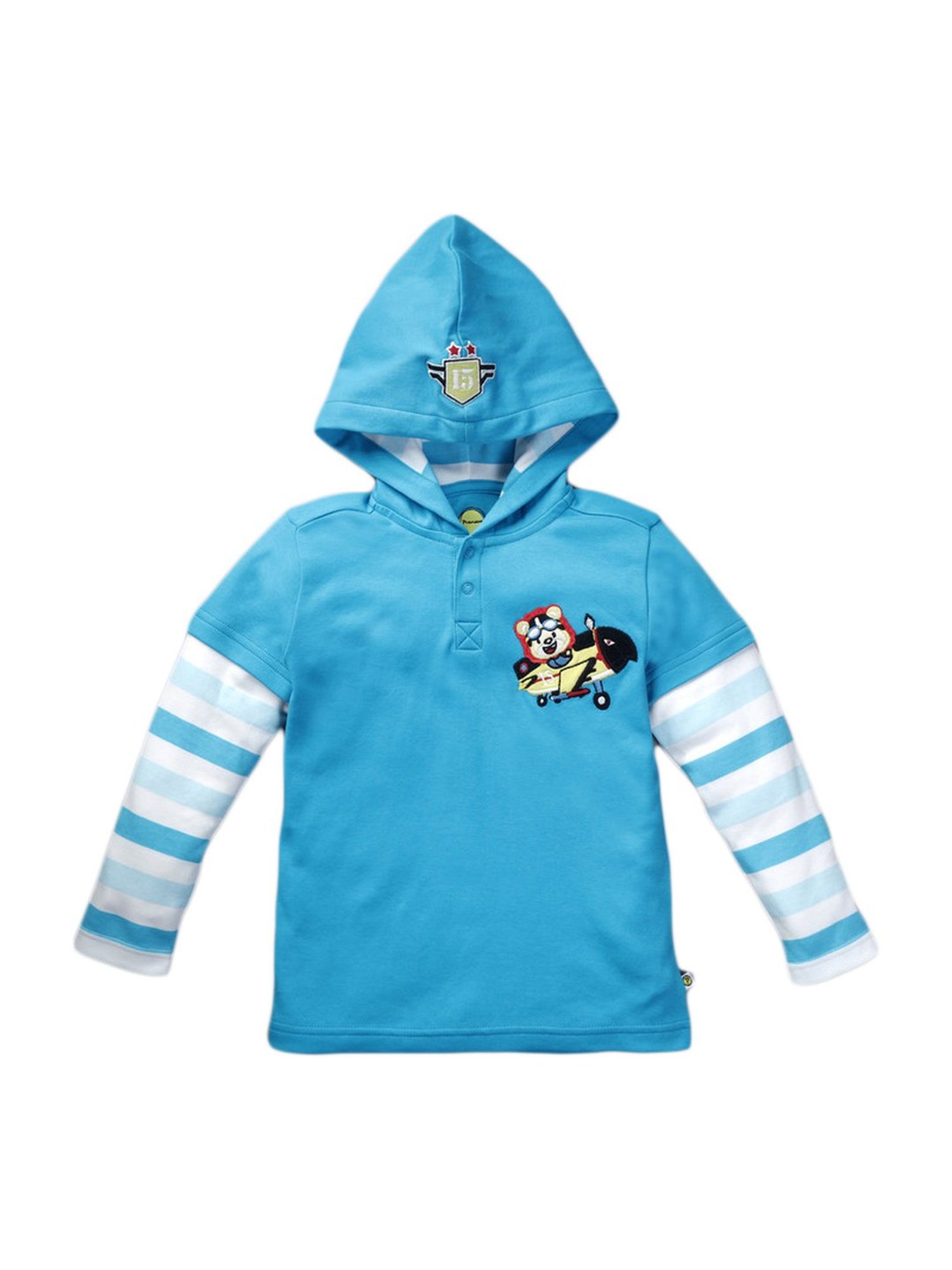 Pranava Kids Blue Cotton Patch Work Hooded T-Shirt