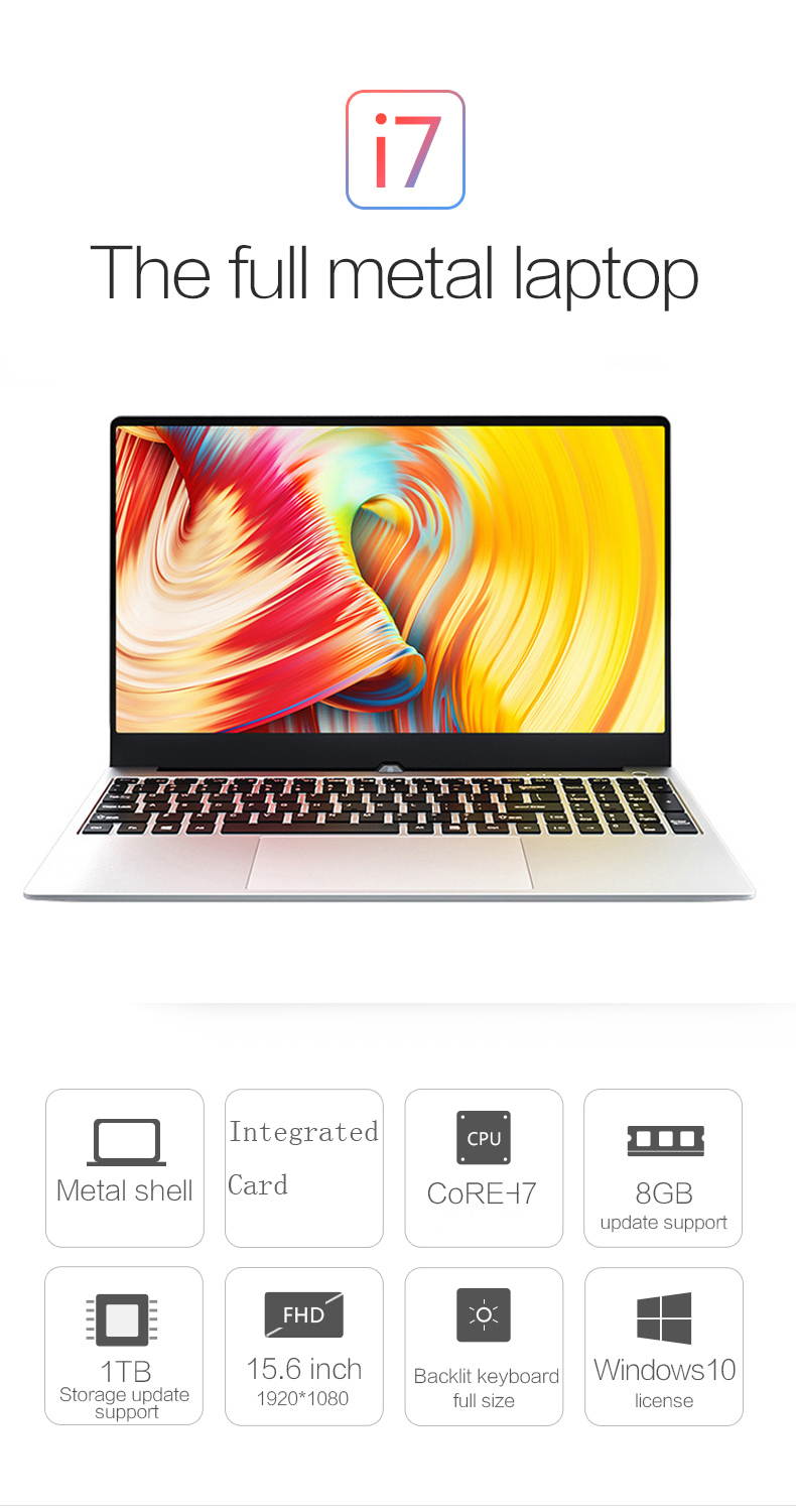 15.6" Silvery Metal  Ultra-thin Business Office Gaming laptop  With Core I7-10510u 1.8GHz Quad Core,Solid State Drive Integrated Graphics,Backlit keyboard win10