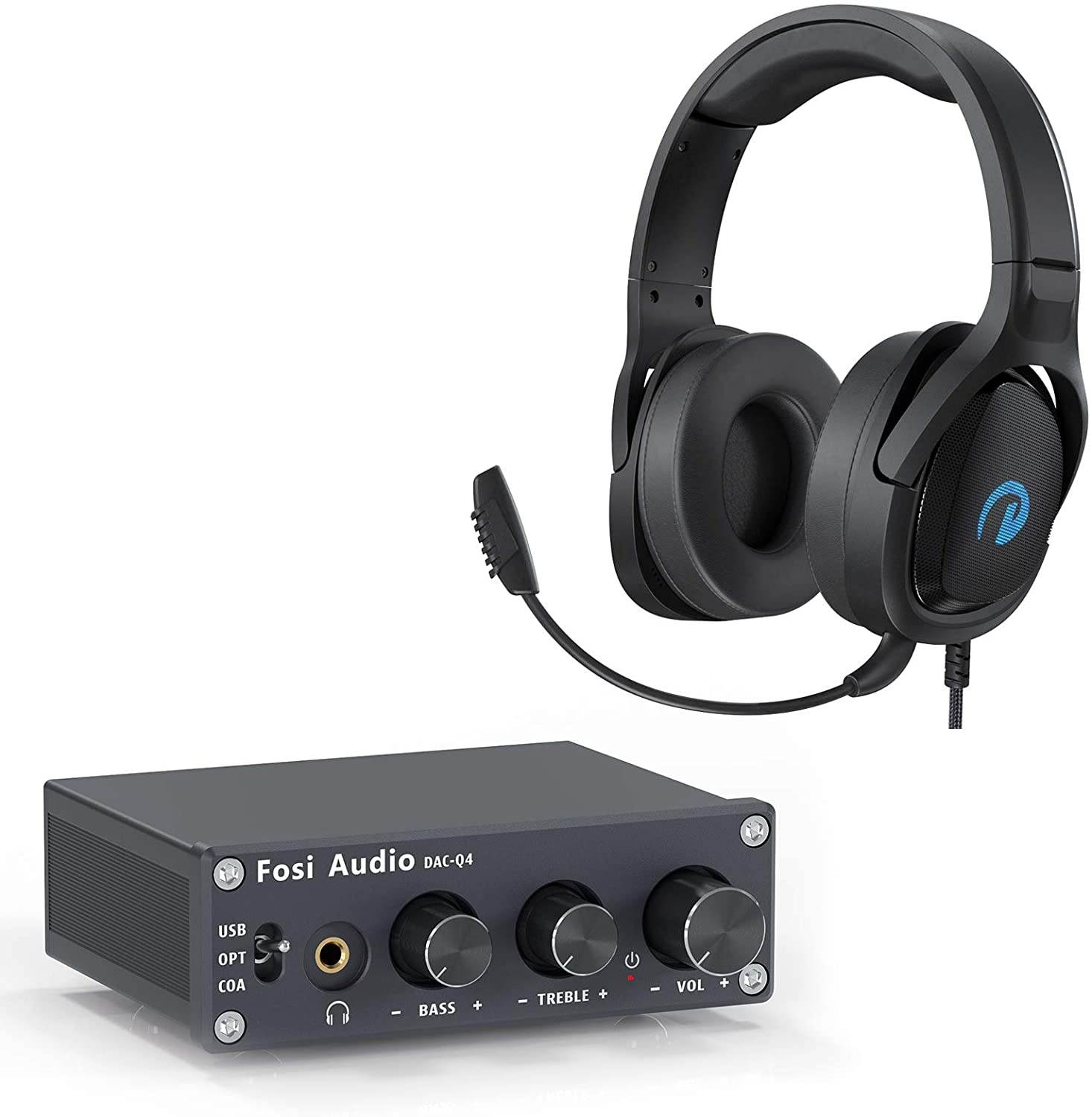 Fosi Audio - DAC Q4 Mini Stereo Gaming DAC & Headphone Amplifier and GH-2000 Stereo Gaming Headset for PS4, PC, Xbox One Controller