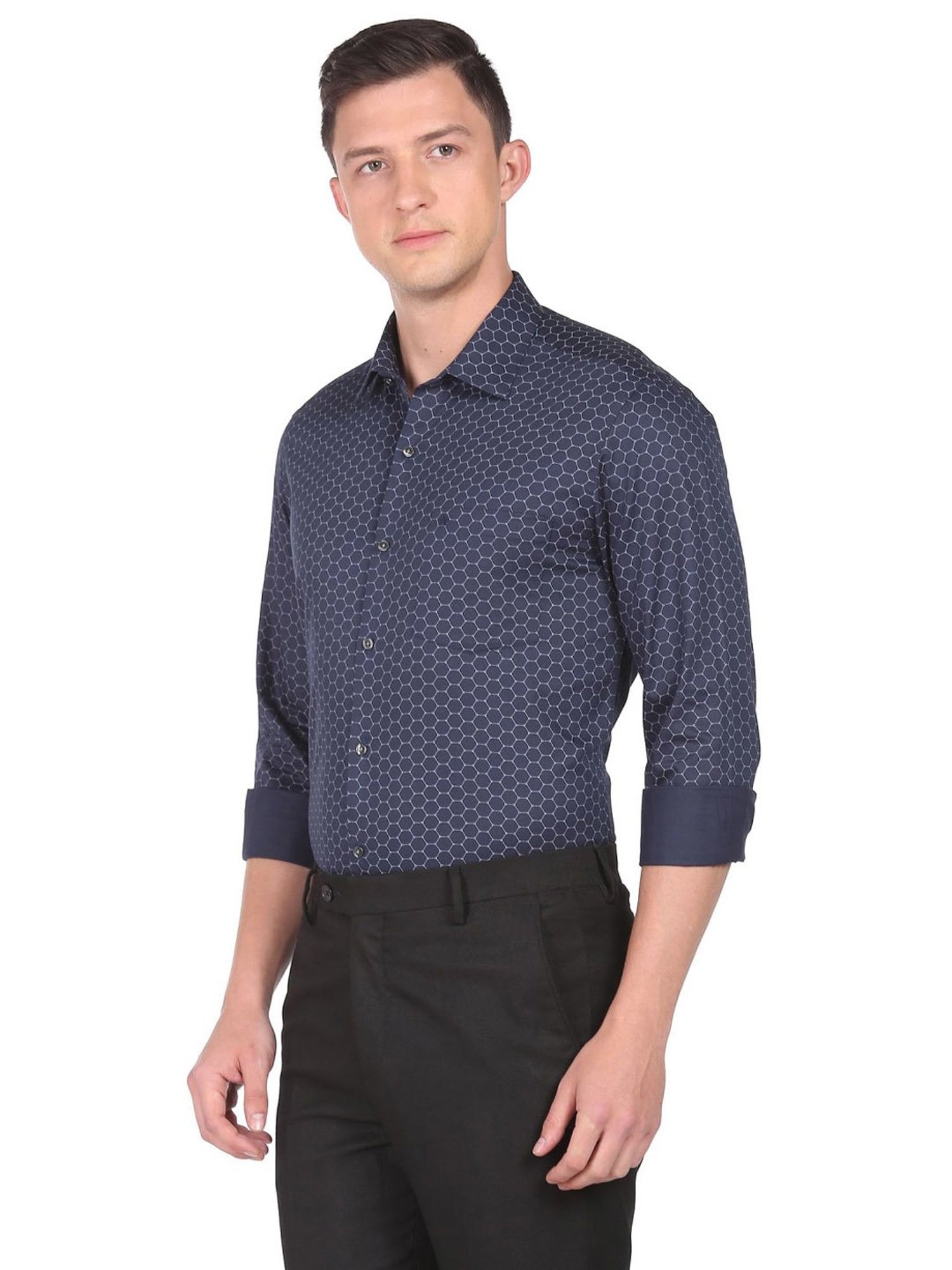 Arrow Navy Blue Cotton Slim Fit Printed Shirt
