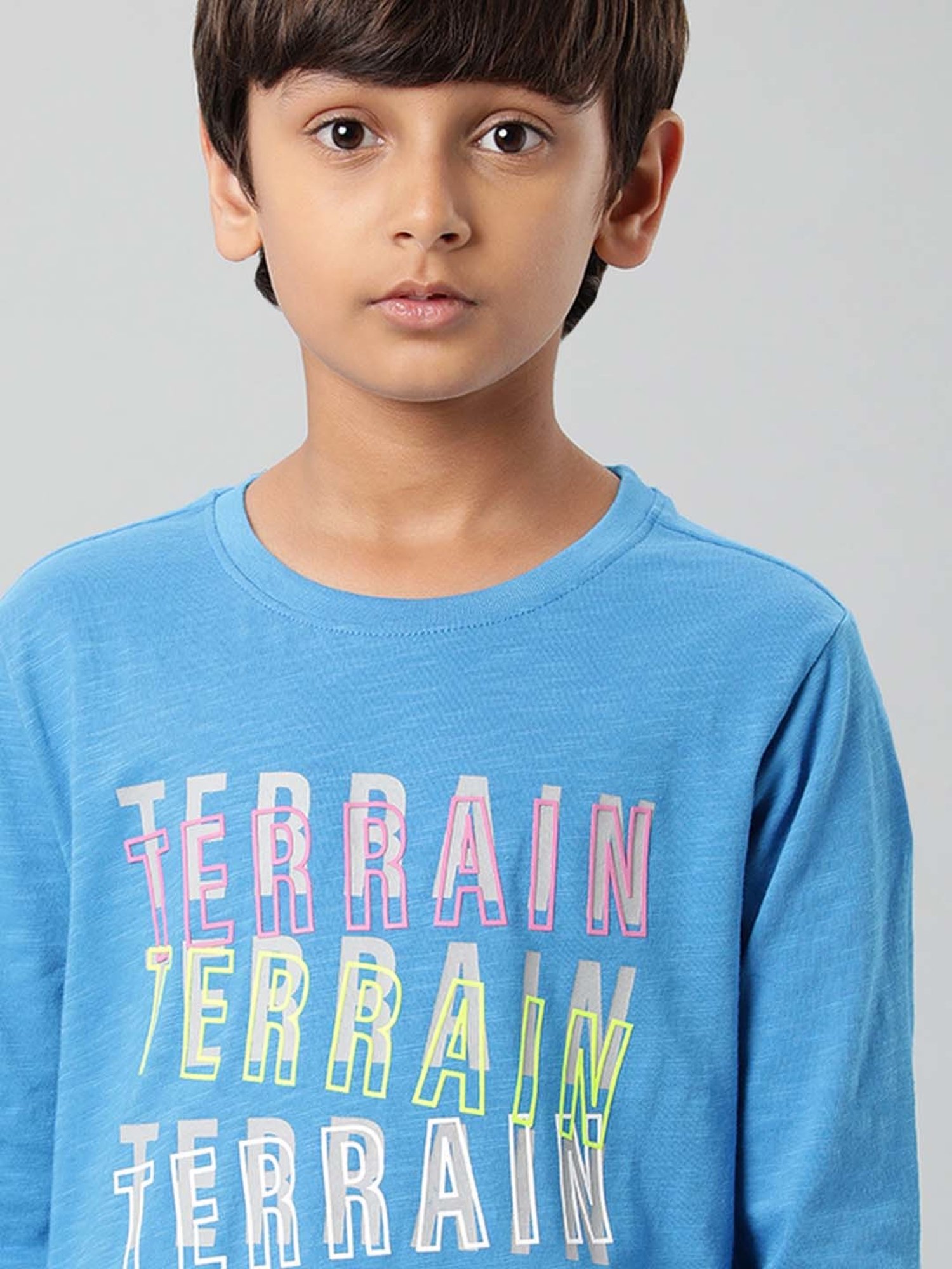 Indian Terrain Kids Blue Cotton Printed Full Sleeves T-Shirt