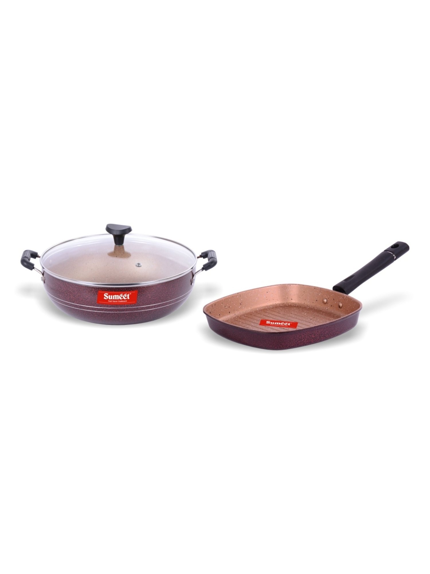 Sumeet Nonstick Granite Finish 2pc SPLENDOR Cookware set (Grill Pan + Kadhai With Glass Lid-2.5 Ltr)