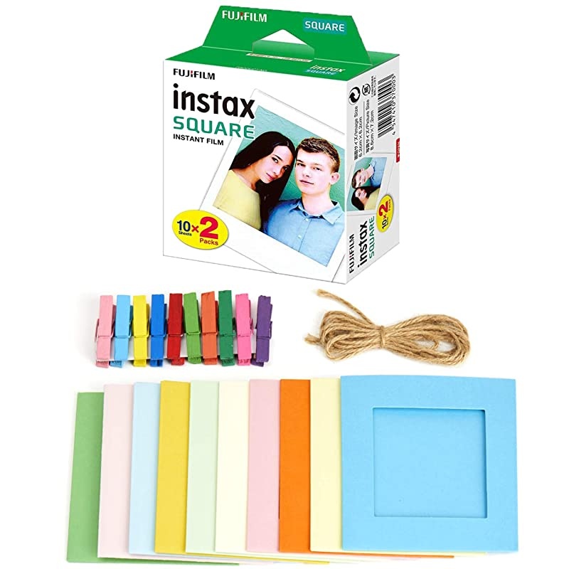 instax Square Instant Film + Hanging Photo Frames for Square Film Assorted Colors &ndash; Deluxe Accessory Bundle (20 Exposures)