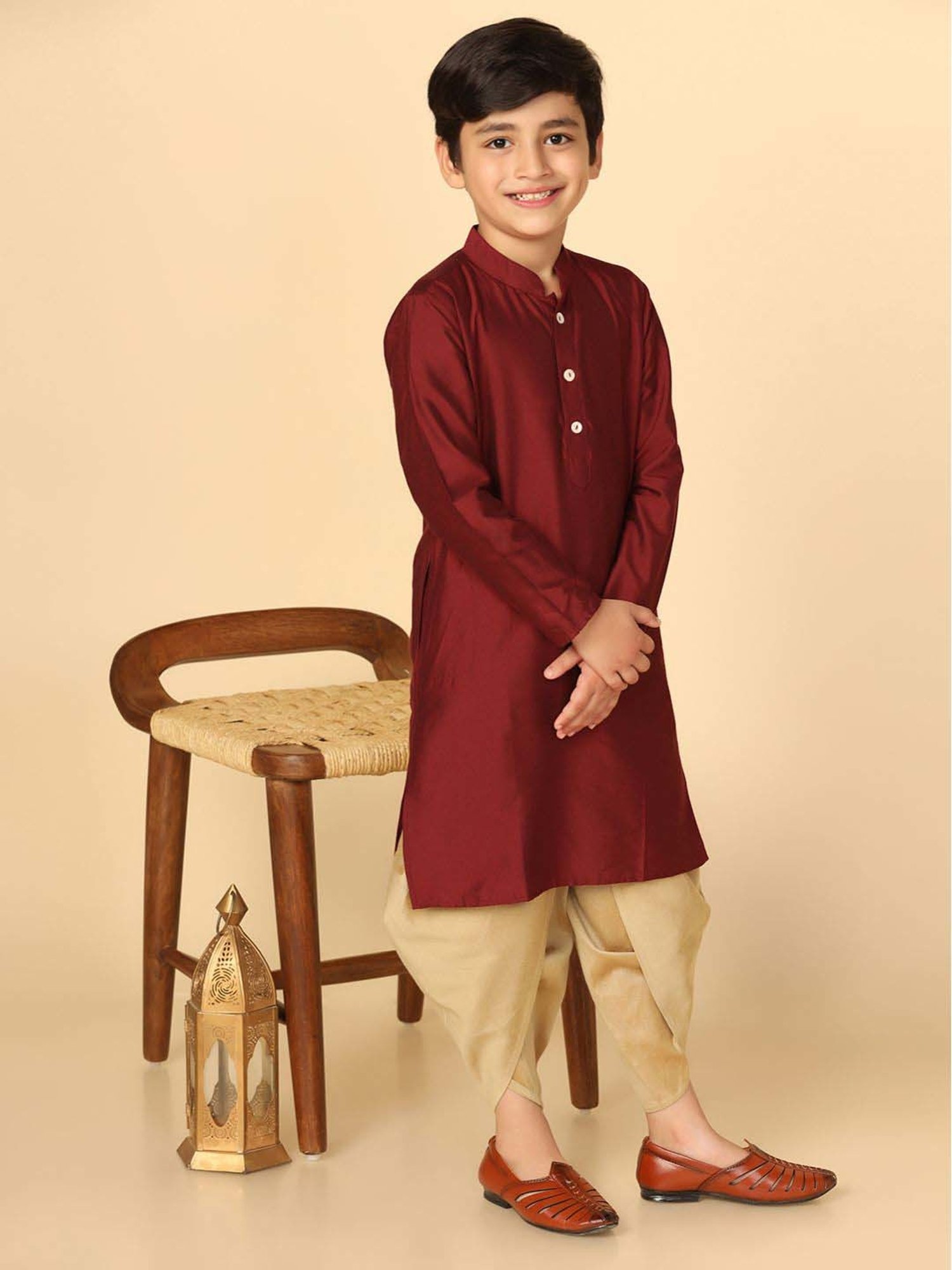 KISAH Kids Maroon & Golden Regular Fit Full Sleeves Kurta Set