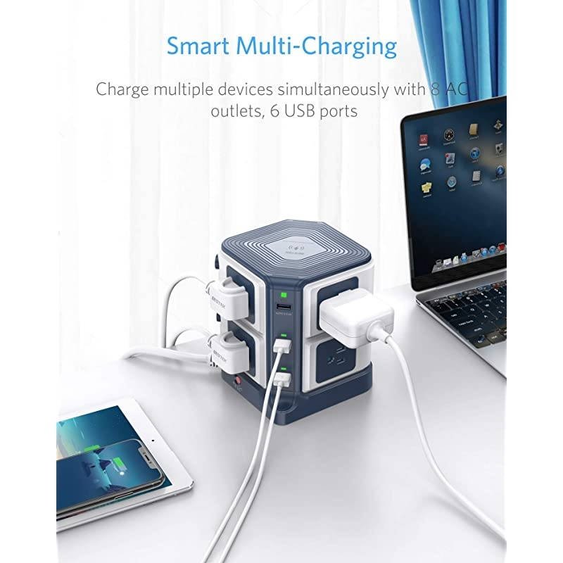 USB Power Strip with Wireless Charger  8-Outlet Surge Protector and 40W 6-Port USB Charging Dock Station,1500 Joules,ETL Listed,Dorm Room Accessories