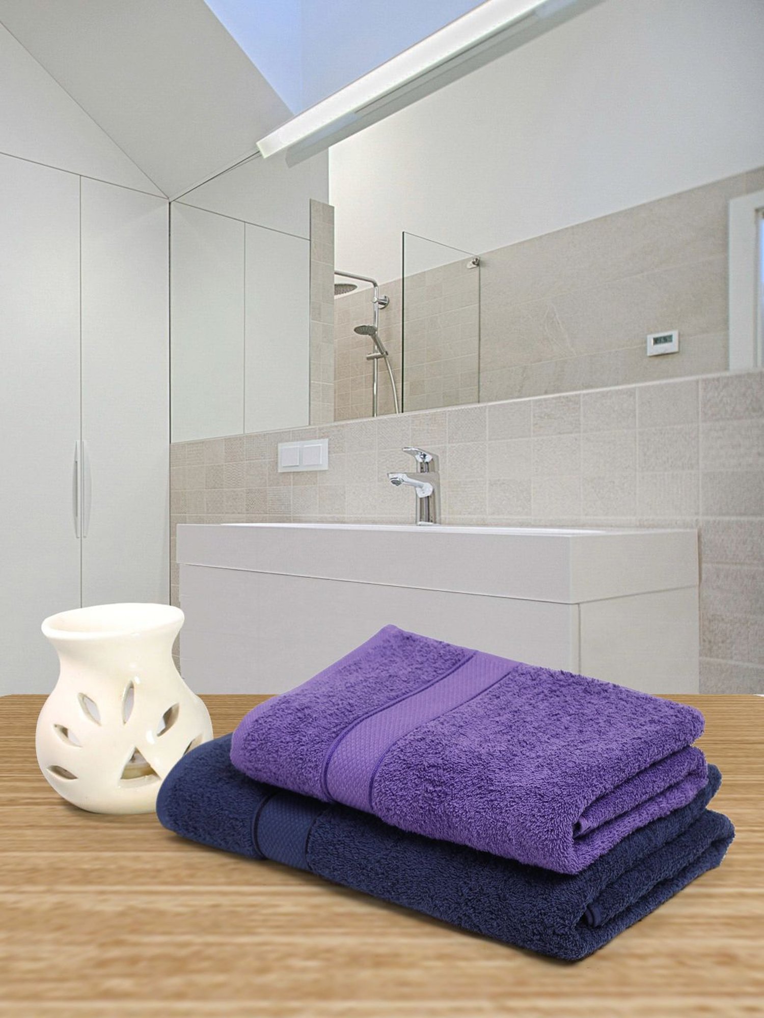 Creeva Navy & Violet 525 GSM Cotton Bath Towel Set of 2