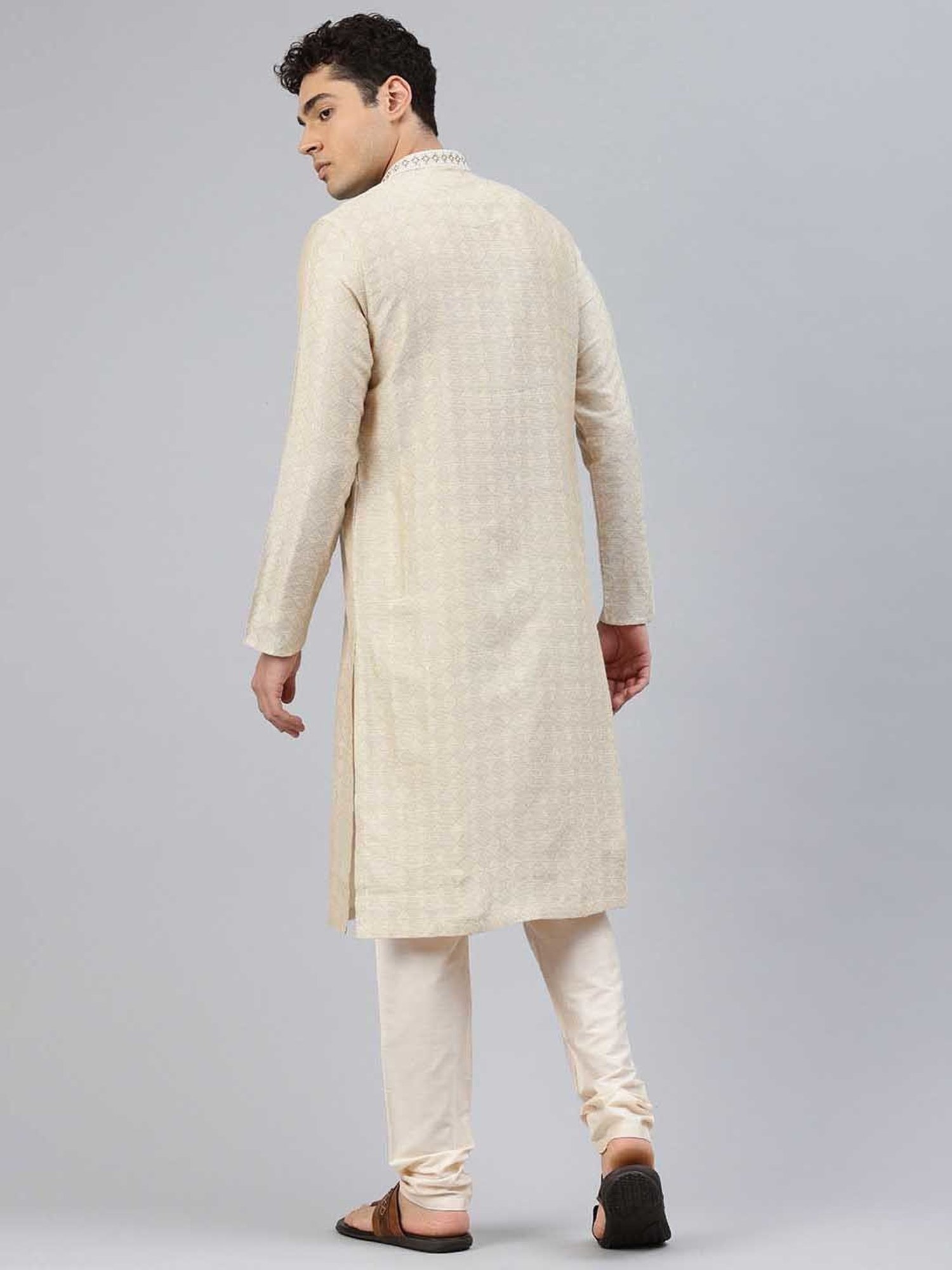 Manthan Beige Regular Fit Self Design Kurta & Pyjamas Set