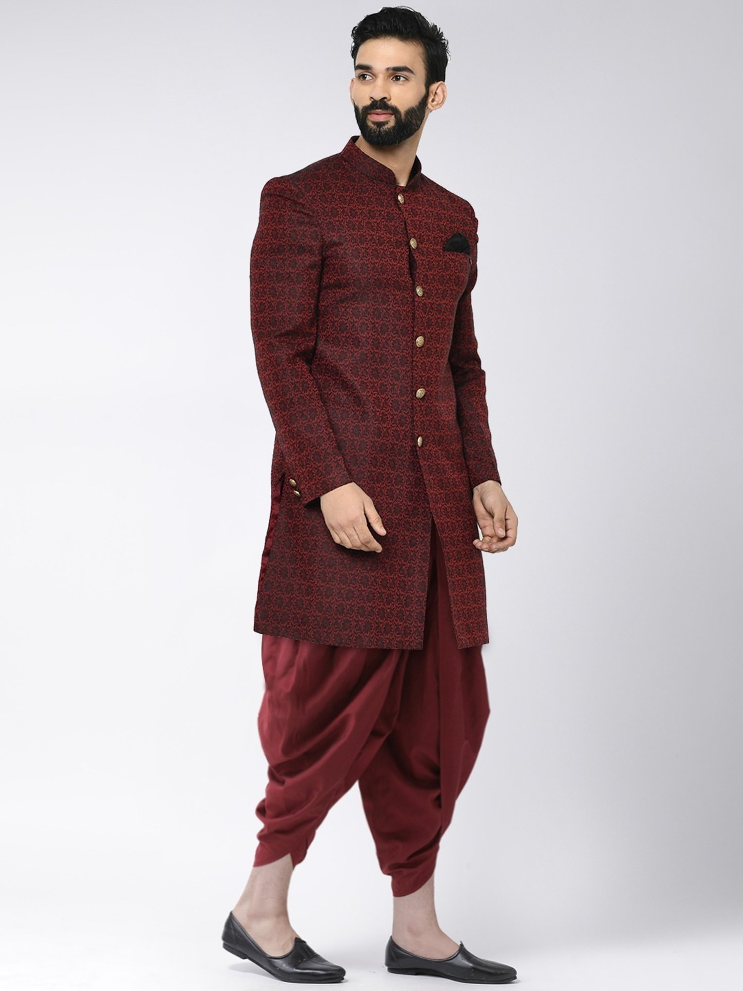KISAH Maroon Regular Fit Jacquard Sherwani Set