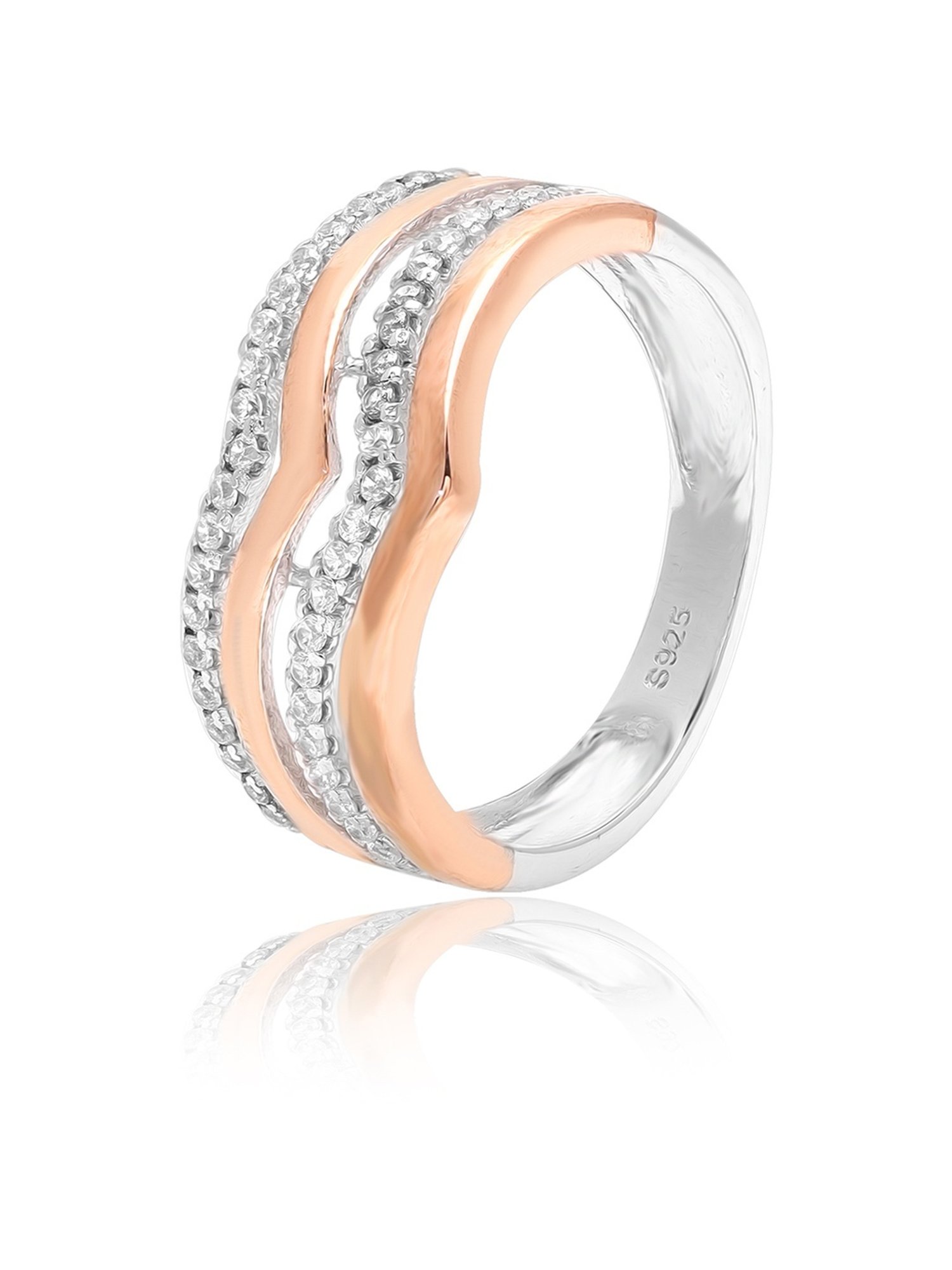 Curio Cottage 925 Silver Rose Gold-Plated Wavy Elegance Zirconia Studded Ring