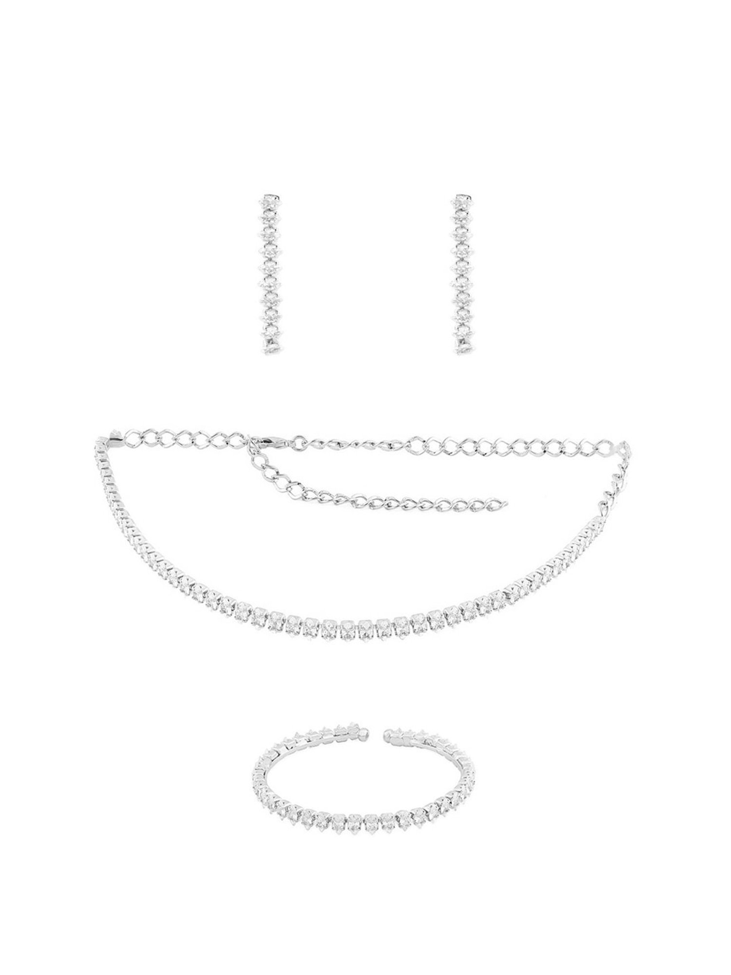 Zaveri Pearls Silver Tone Marquise Shaped Cubic Zirconia Necklace, Earring & Bracelet Set