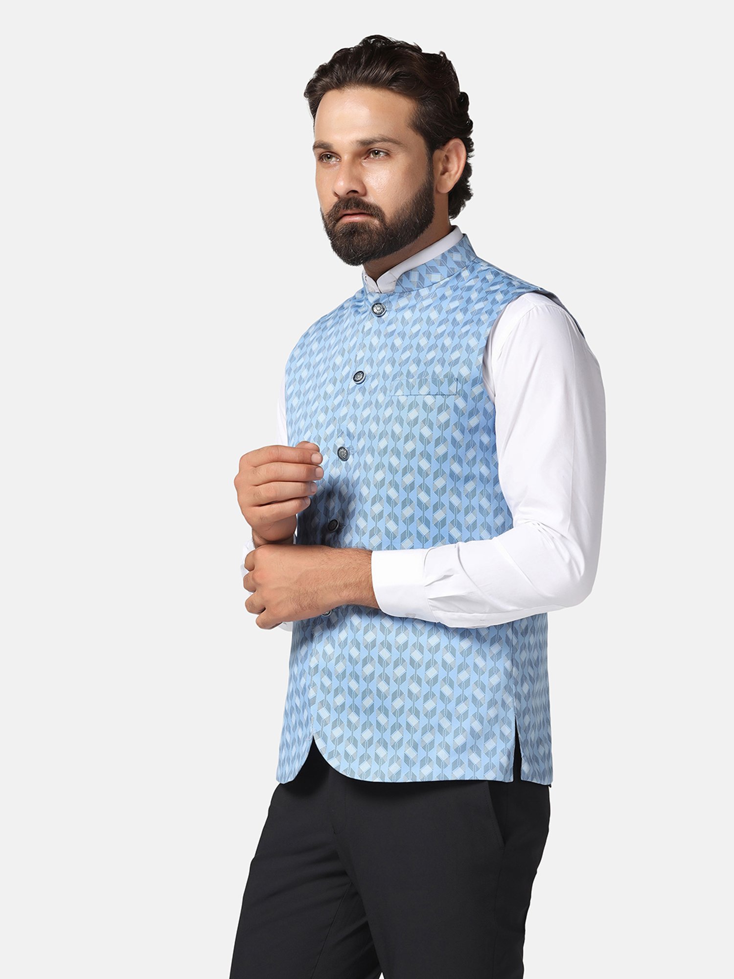 TAHVO Light Blue Slim Fit Printed Nehru Jacket