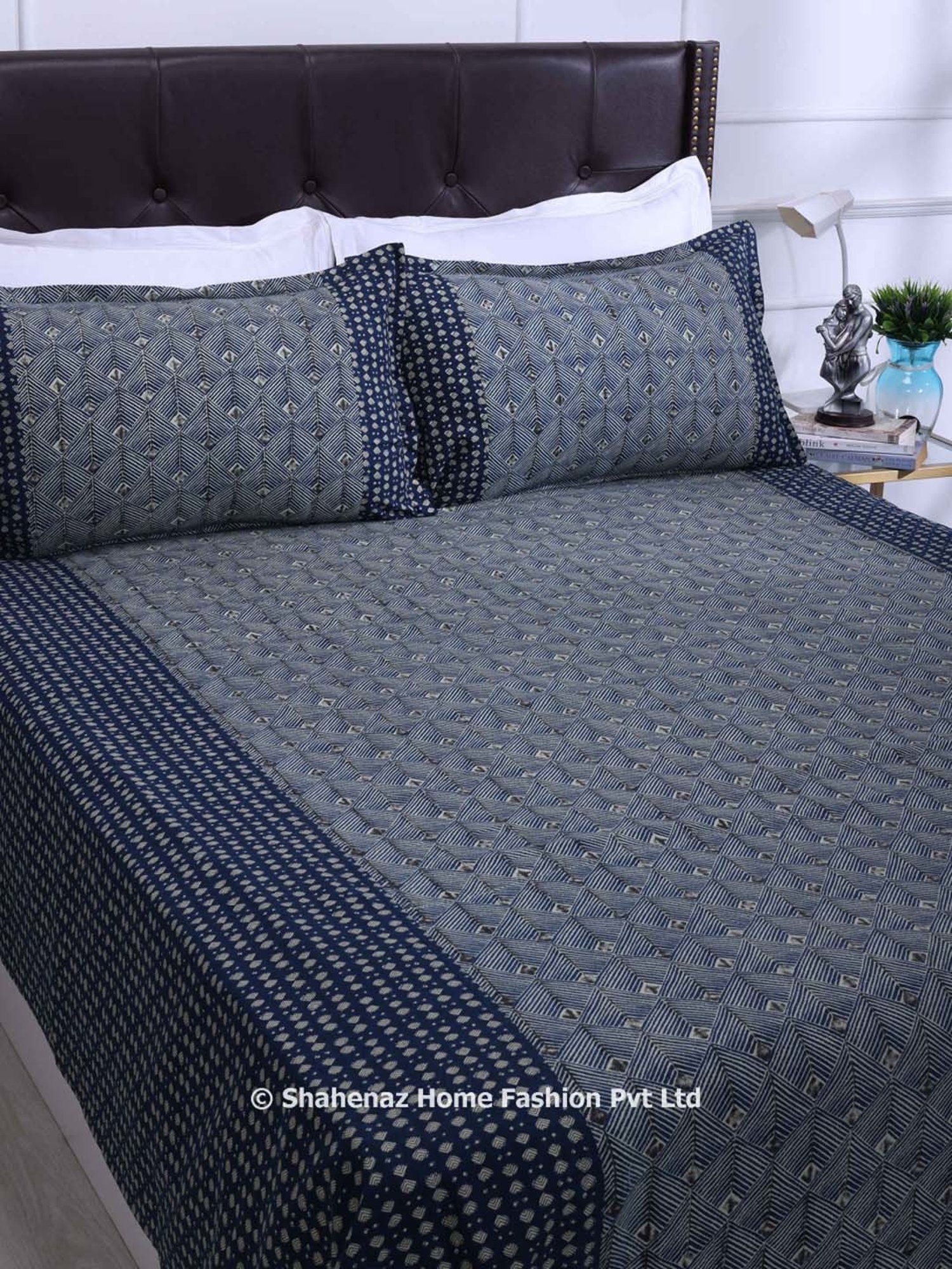 Shahenaz Navy Blue 120 TC Cotton Rahat Double Bedsheet with 2 Pillow Covers