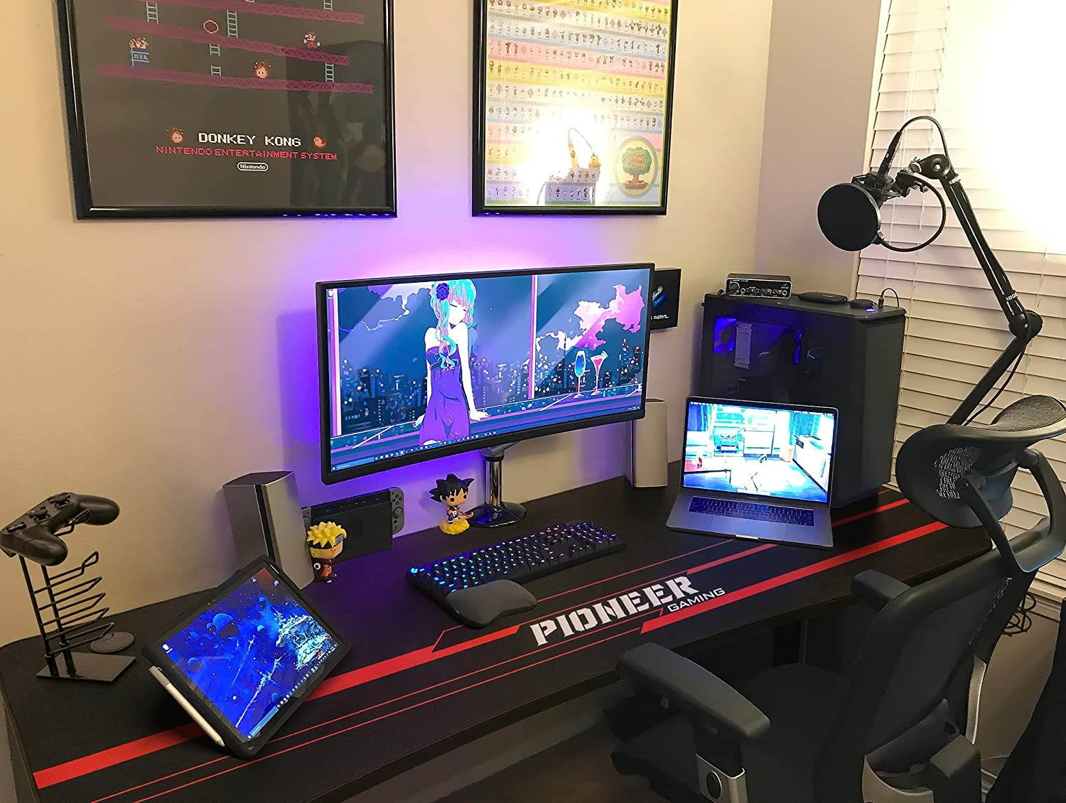 Devoko 55 Inch Gaming Desk T-Shaped PC Computer Table with Free Mouse Pad Carbon Fibre Surface Home Office Desk Gamer Table with Game Handle Rack Headphone Hook and Cup Holder (Black)