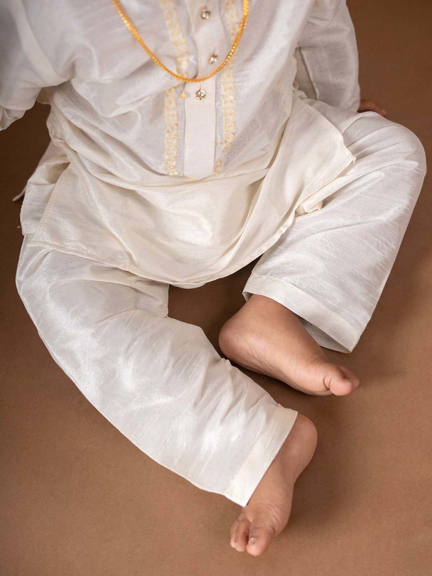 Baby Moo Kids Cream & Yellow Regular Fit Full Sleeves Kurta Set