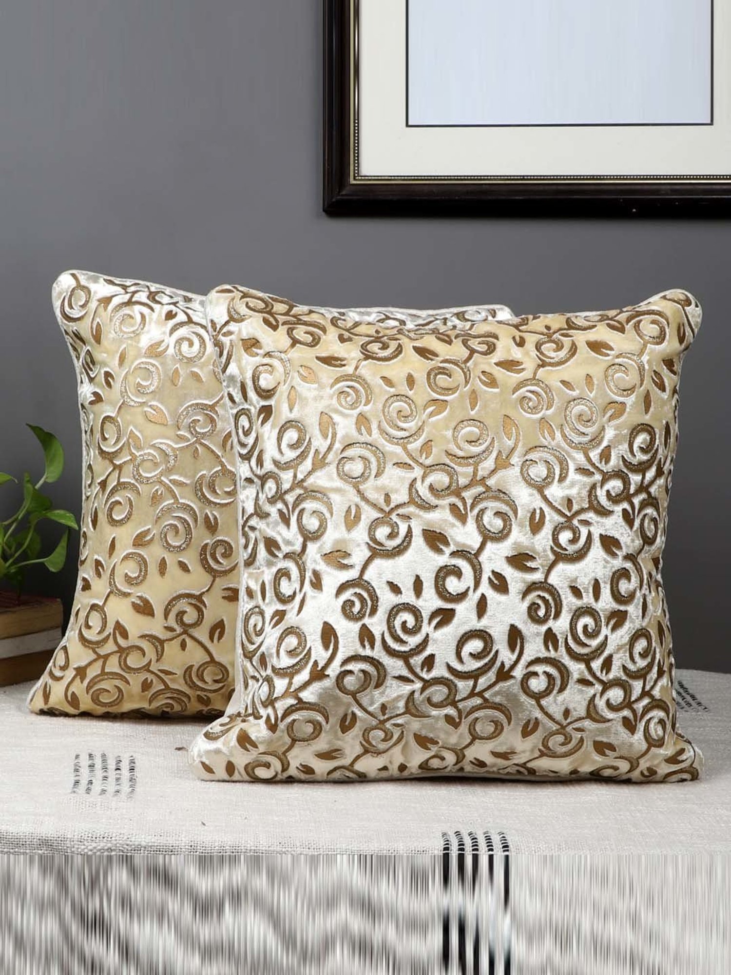 MFD HOME Furnishing Beige Velvet Cushion Cover - Set of 2