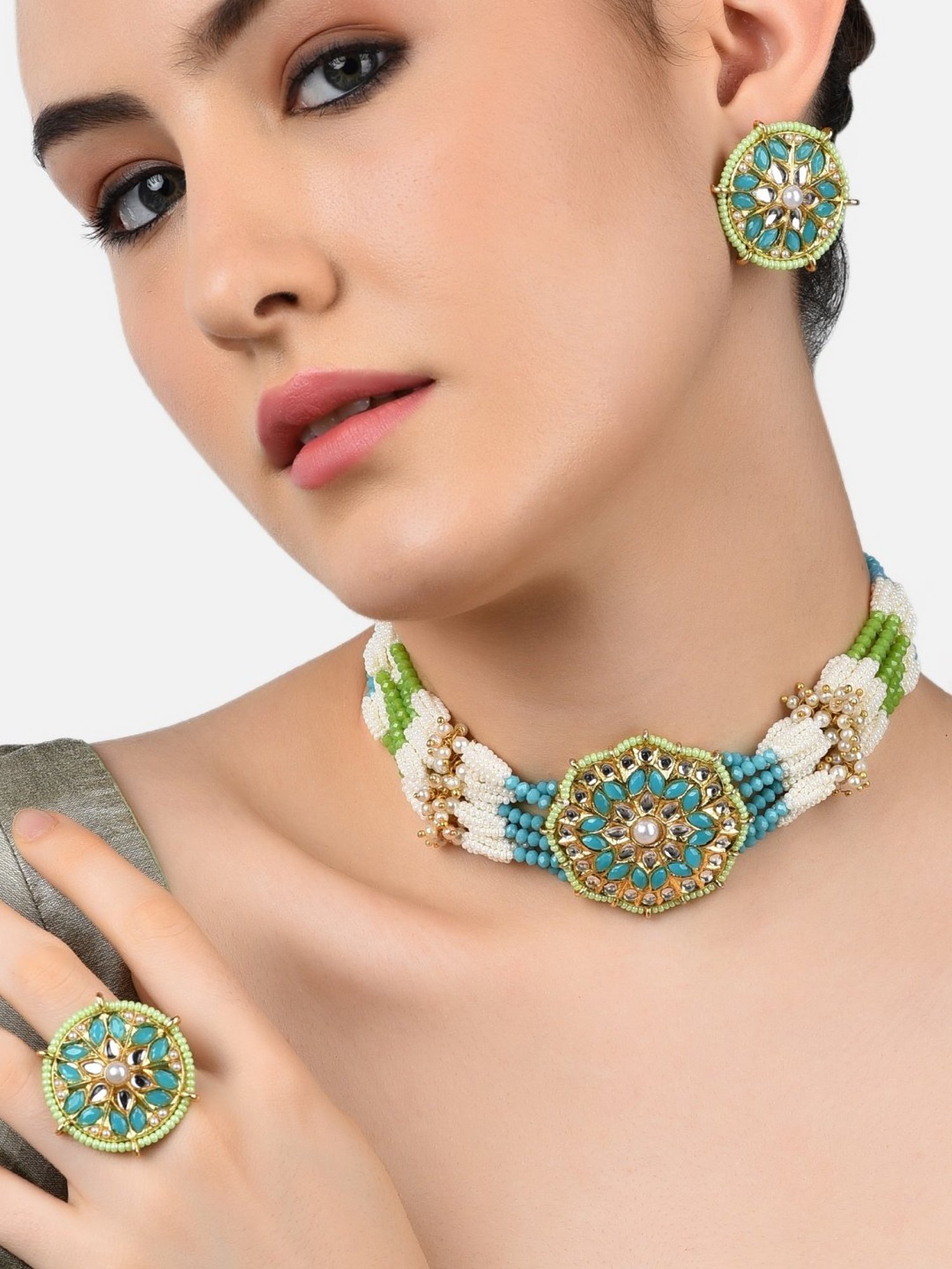 Zaveri Pearls Turquoise Blue & Green Beads Kundan Pearls Choker Necklace Earring Ring Set-ZPFK11070