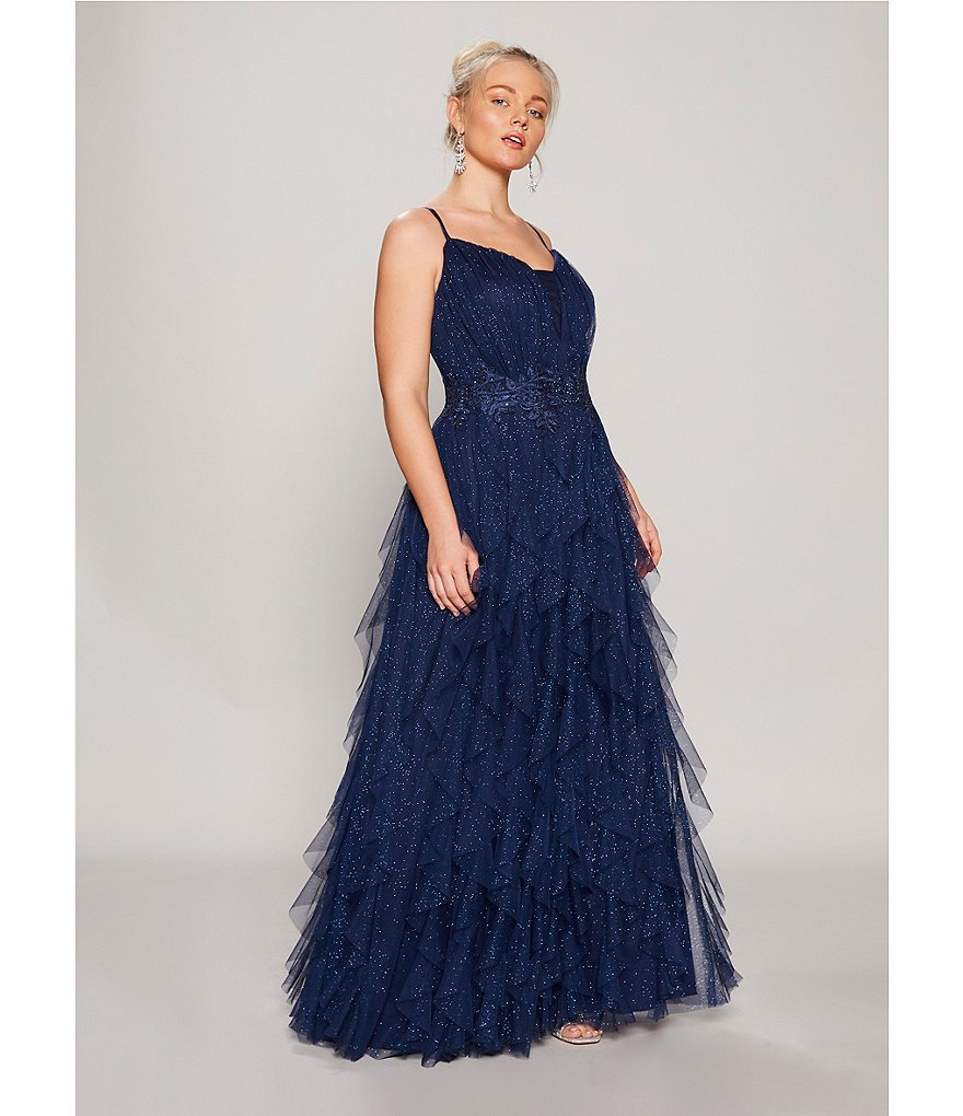 Teeze Me Plus Spaghetti Strap Illusion Plunged Neck Mesh Corkscrew Glitter Ball Gown