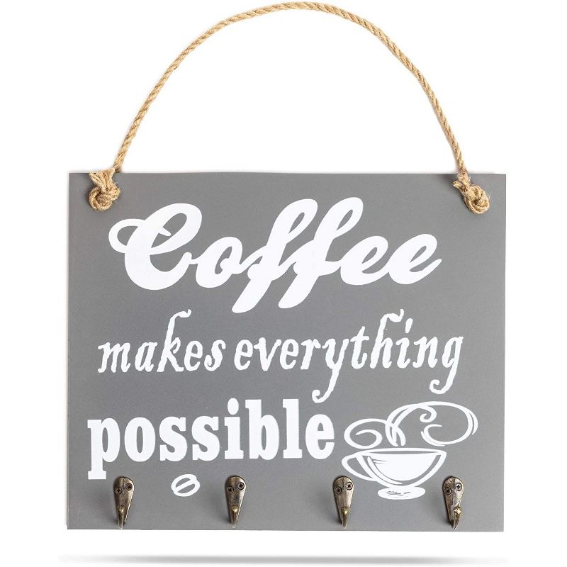 Farmlyn Creek Hanging Wood Farmhouse Sign with Hooks, Coffee Makes Everything Possible (12 x 9.5 in)