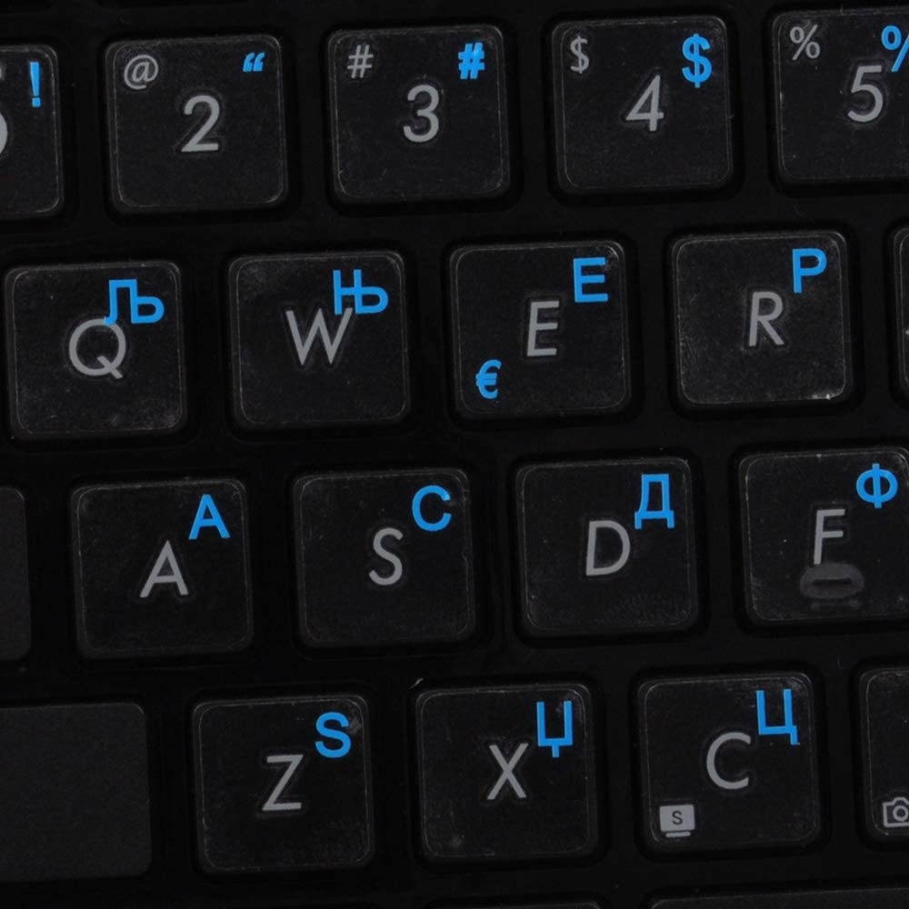 Serbian Keyboard Labels Layout ON Transparent Background with Blue, Orange, RED, White OR Yellow Lettering (14X14) (Blue)