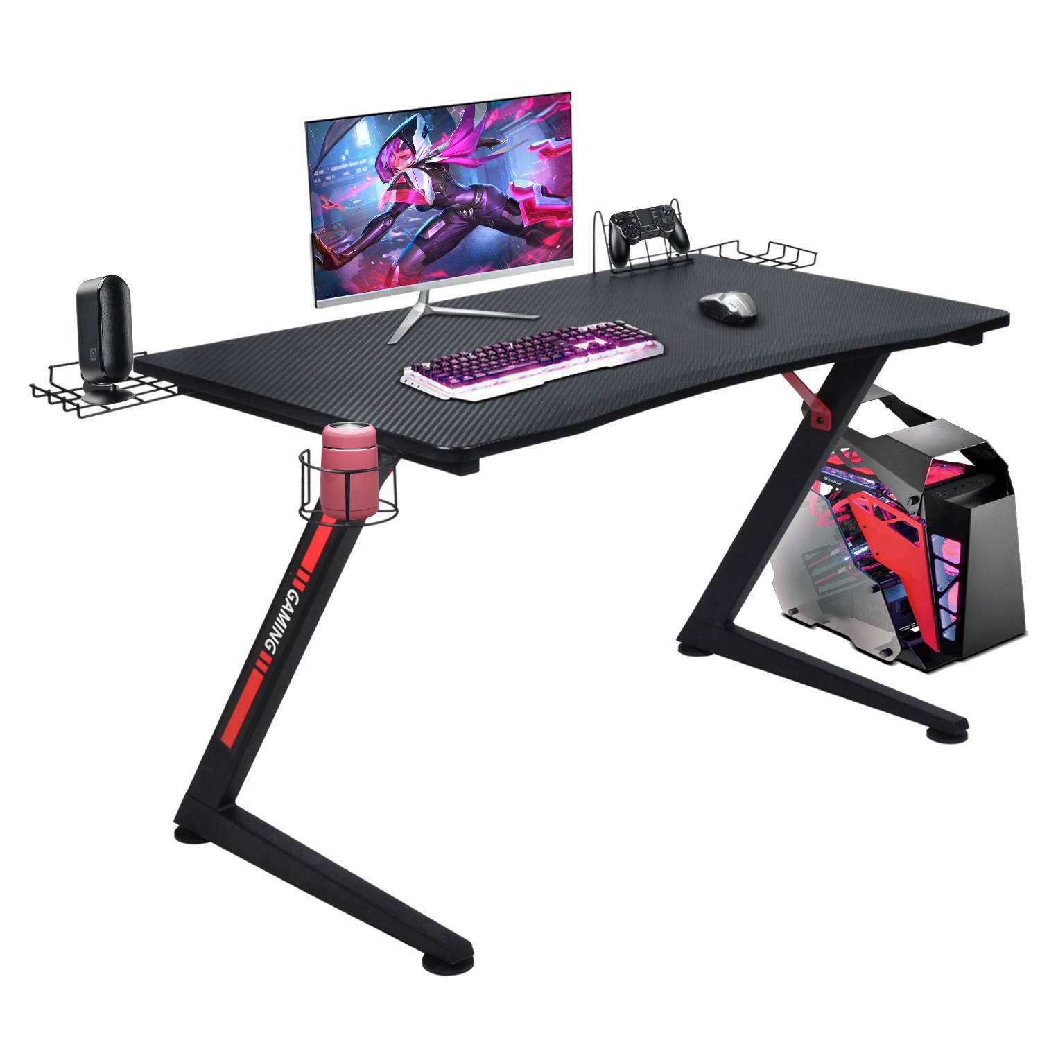 GTRACING Gaming Desk Computer Office PC Gamer Table Racing Style Professional Game Station Z-Shaped with Cup Holder, Black