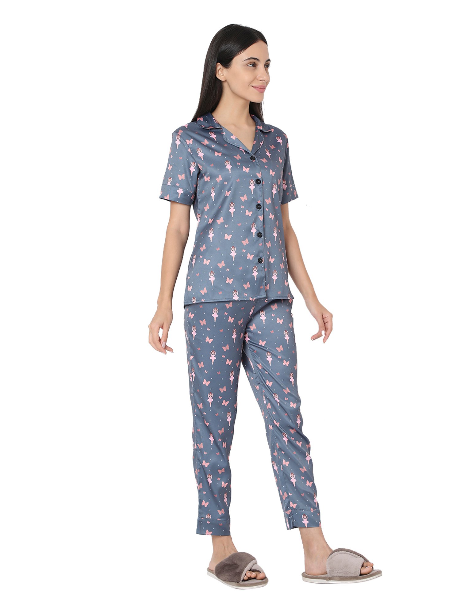 Smarty Pants Grey Satin Print Shirt With Pyjamas