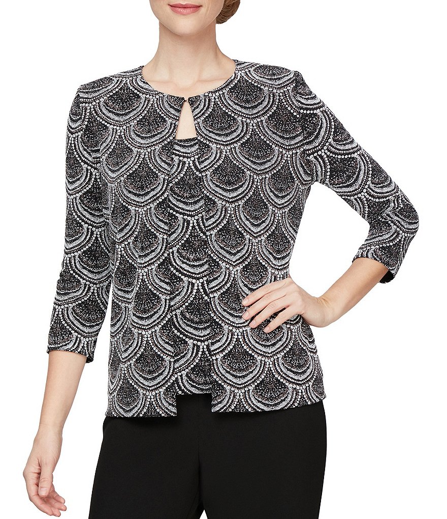 Alex Evenings 3/4 Sleeve Printed Metallic Glitter Knit Twinset