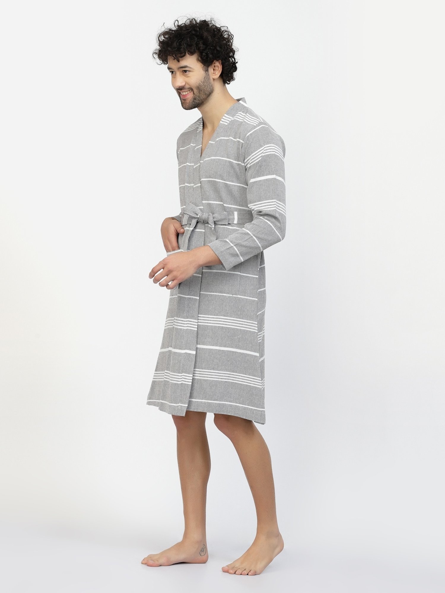 Klotthe Stripes Grey 210 GSM Cotton Bath Robe with Belt