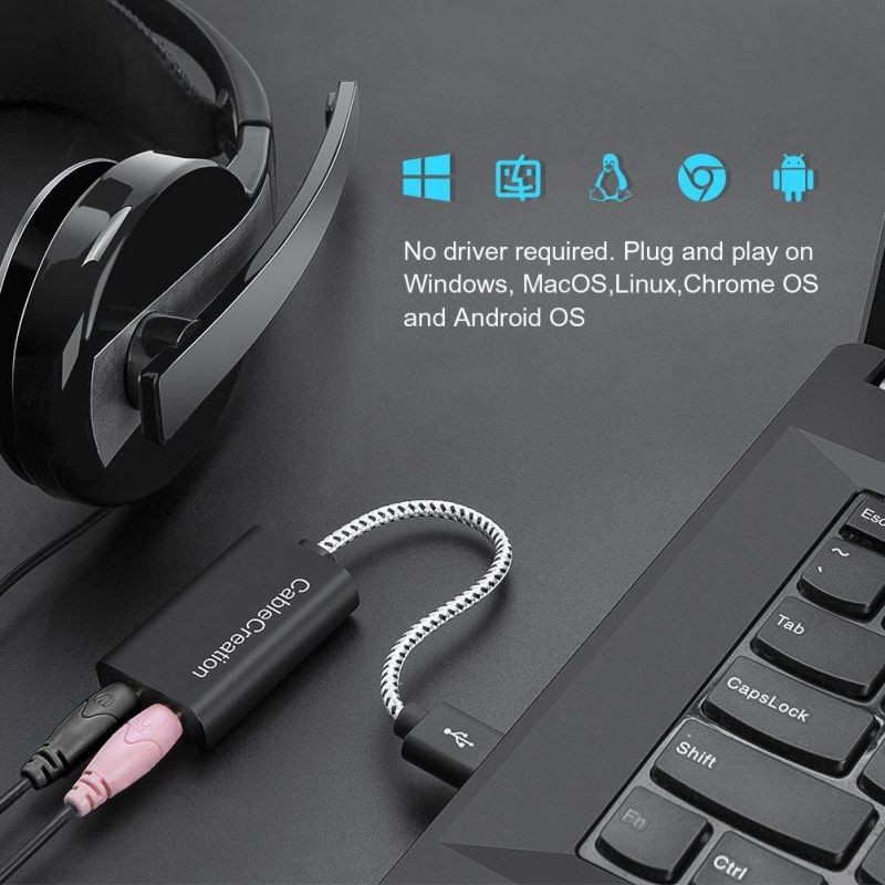 CableCreation USB Audio Adapter External Sound Card with 3.5mm Headphone and Microphone Jack Compatible with Windows, Mac, macOS, Linux, PS4, PS5, Plug and Play, Aluminum Black