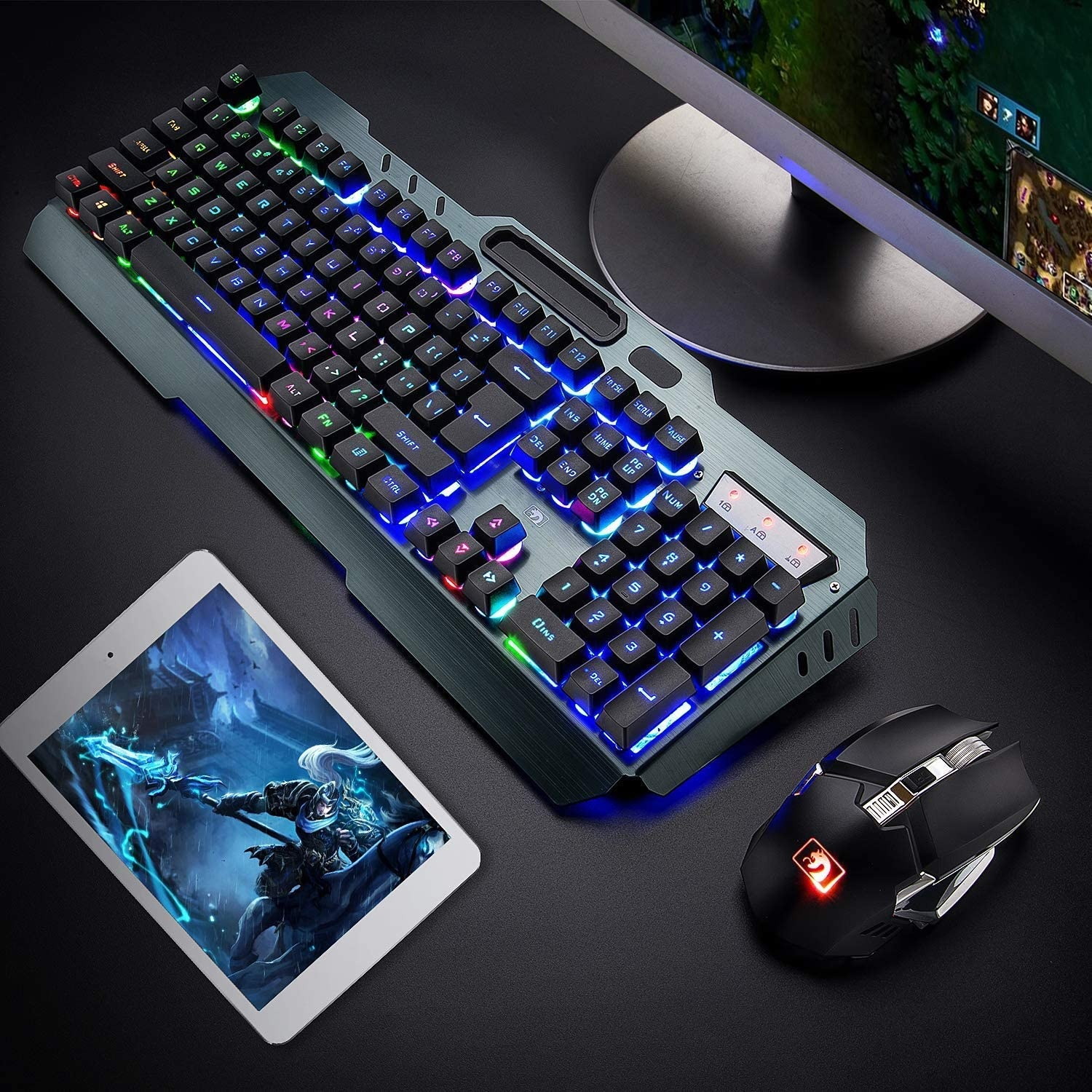 Wireless Gaming Keyboard and Mouse Combo, Rechargeable 16 Kinds RGB Backlit PC Gaming Keyboard Mouse w, Mechanical Feel Keyboard and 7 Color Gaming Mute Mouse for Windows Computer Gamers (Black)