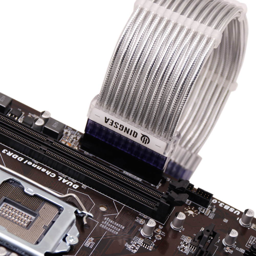 ALAMENGDA 6-in-1 24-pin Motherboard ATX Computer Power Extension Cables Silver-Plated Reflective Light Cables, Silver Suit 300mm/0.98foot