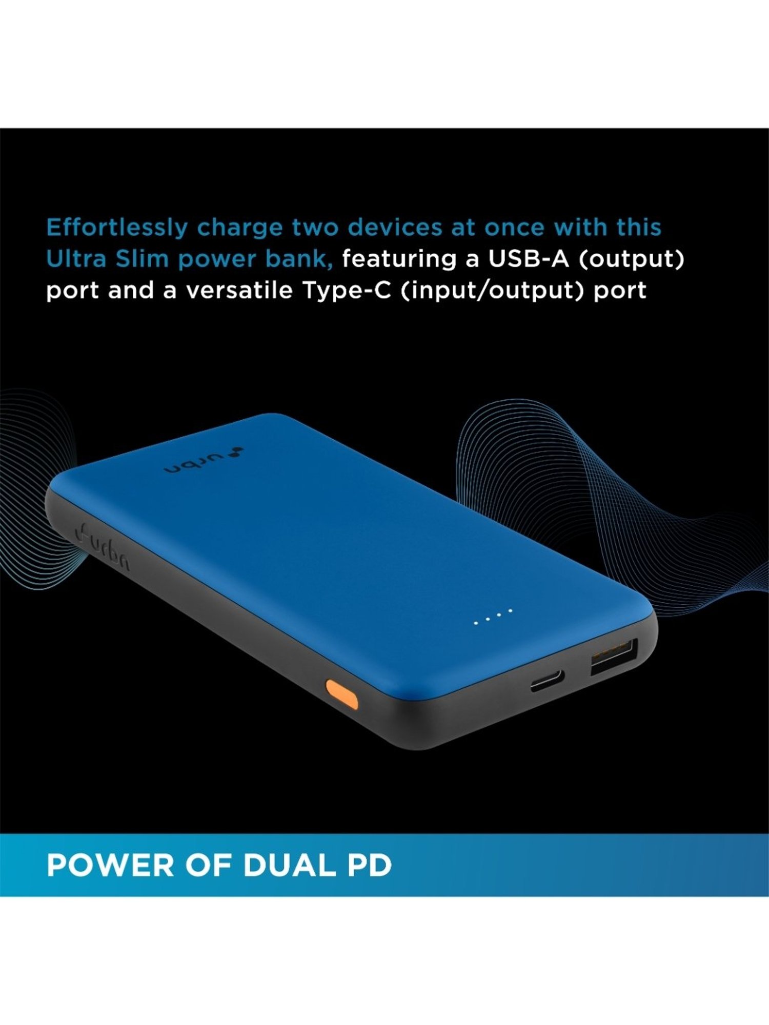 URBN 10000 mAh Ultra Slim 12W Power Bank with Type C Input-Output (Bright Blue)