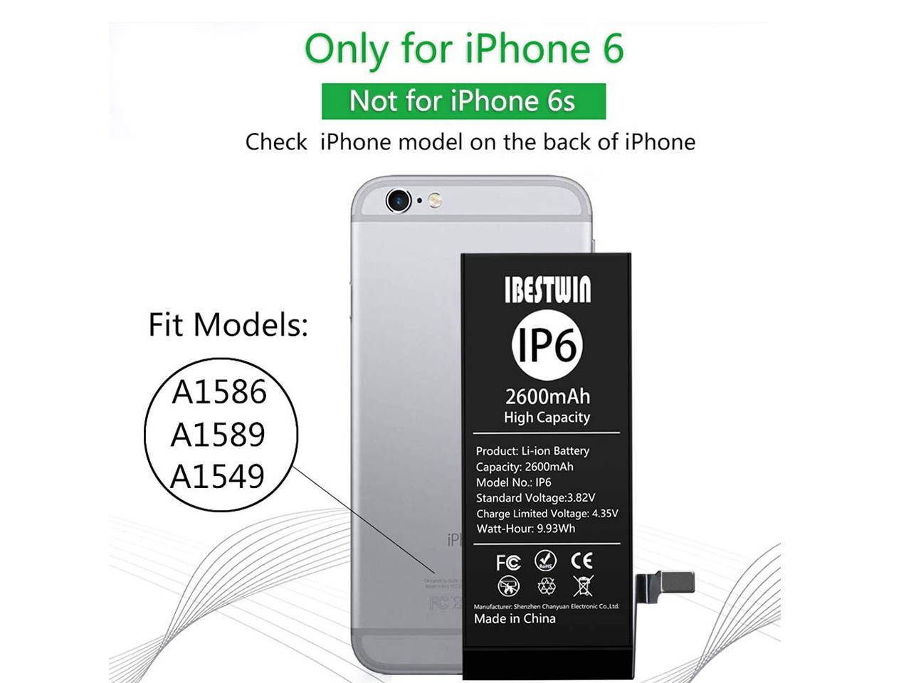 IBESTWIN 2600mAh Upgraded Replacement Battery for iPhone 6 with Removal Tool Kits and Instruction, High Capacity Battery 0 Cycle