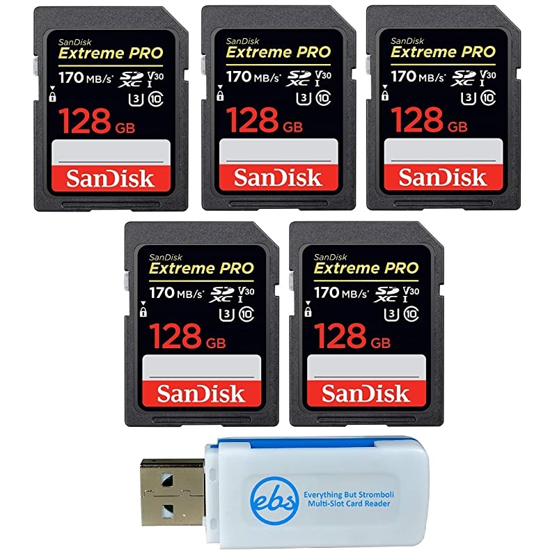 Five Pack) SD Extreme Pro Memory Card Works with Digital DSLR Camera 4K V30 UHS-I (SDSDXXY-GN4IN) Bundle with Everything But Stromboli (TM) Combo Reader