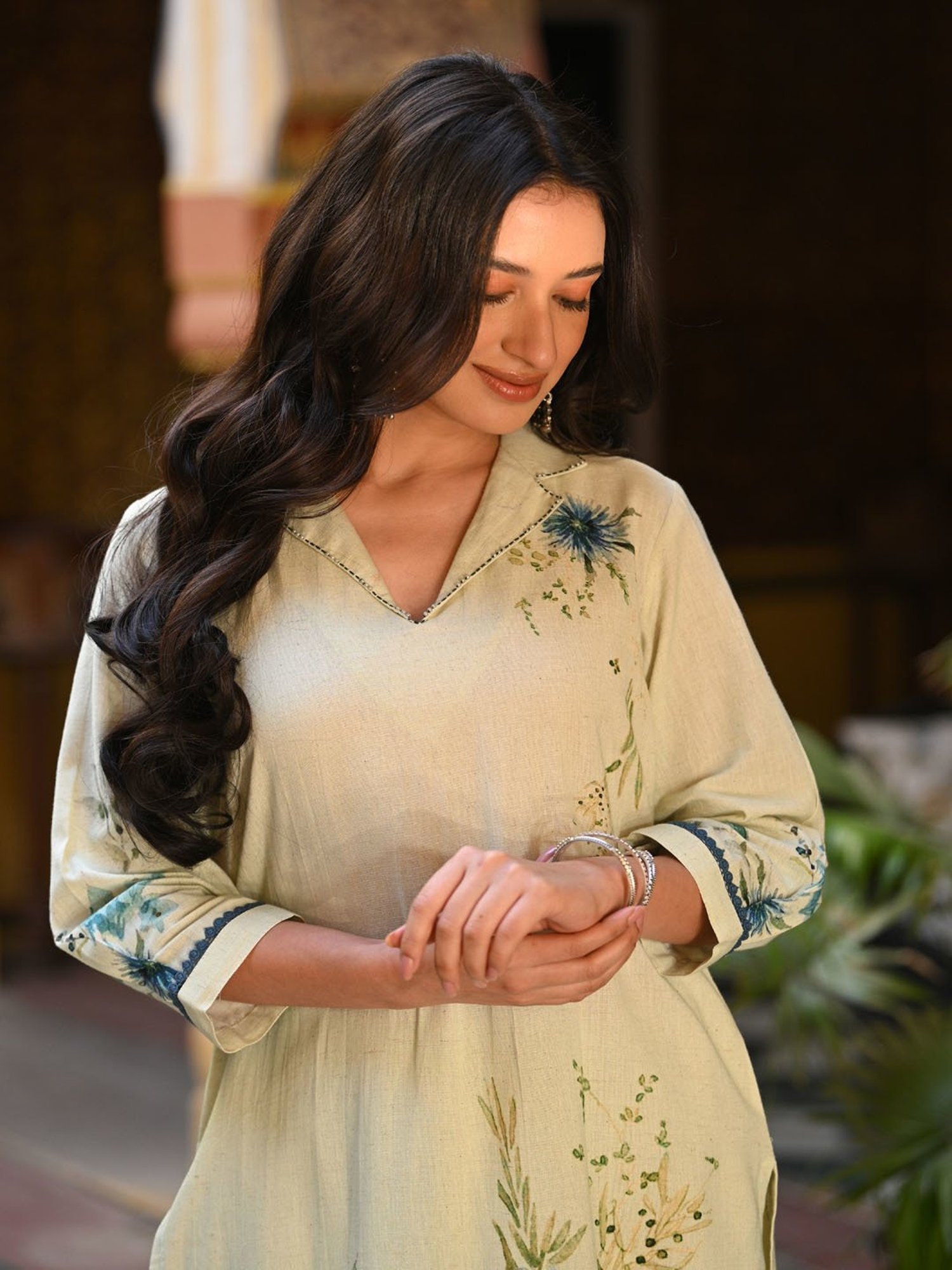 Mahee Jaipur Linen Cotton Aqua Blue floral Placement Print Kurta Set