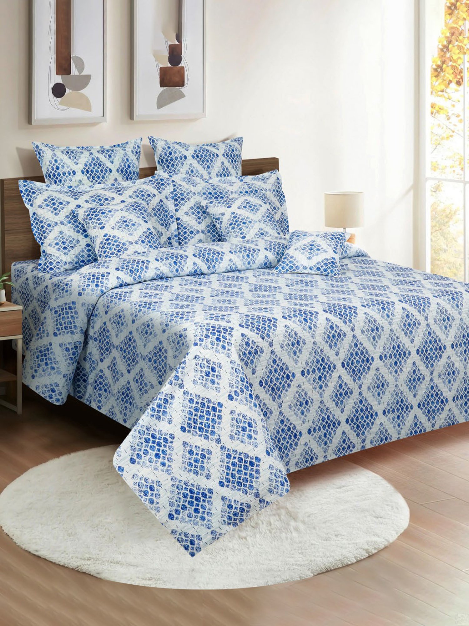 Swayam Dona Geometric Blue 160 TC Cotton King Fitted Fitted Bedsheet with 2 Pillow Covers