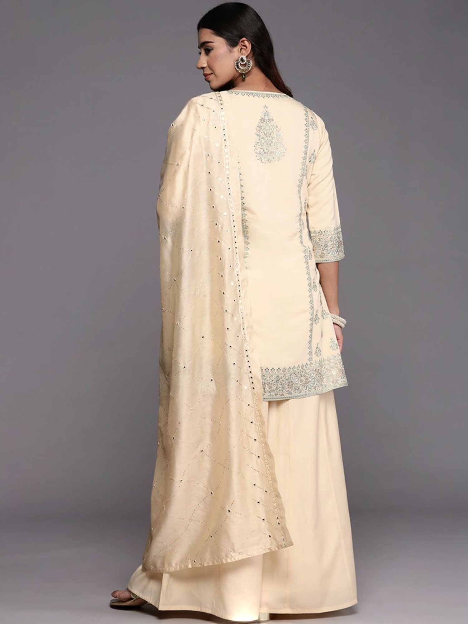 Libas Art Beige Embroidered Kurti Palazzo Set With Dupatta