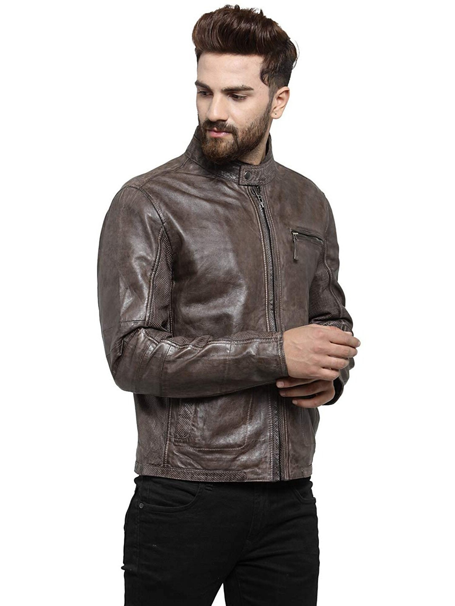 Teakwood Leathers Brown Mandarin Collar Leather Jacket