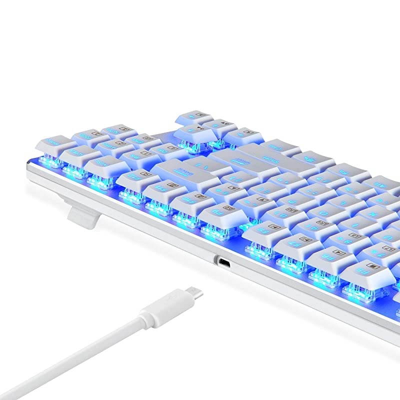 KG061-BR Blue LED Backlit Mechanical Gaming Keyboard Low Profile Mechanical Gamers Keyboard 87 Key Mechanical Computer USB Gaming Keyboard for PC Quiet Cherry Brown Switches (White Version)