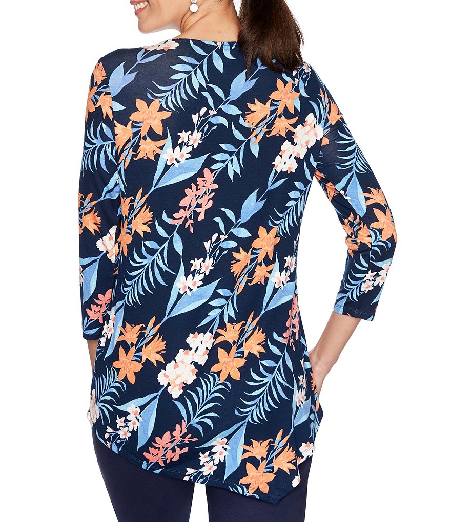 Ruby Rd. Diagonal Tropical Print Crisscross V-Neck Pointed Hem Top