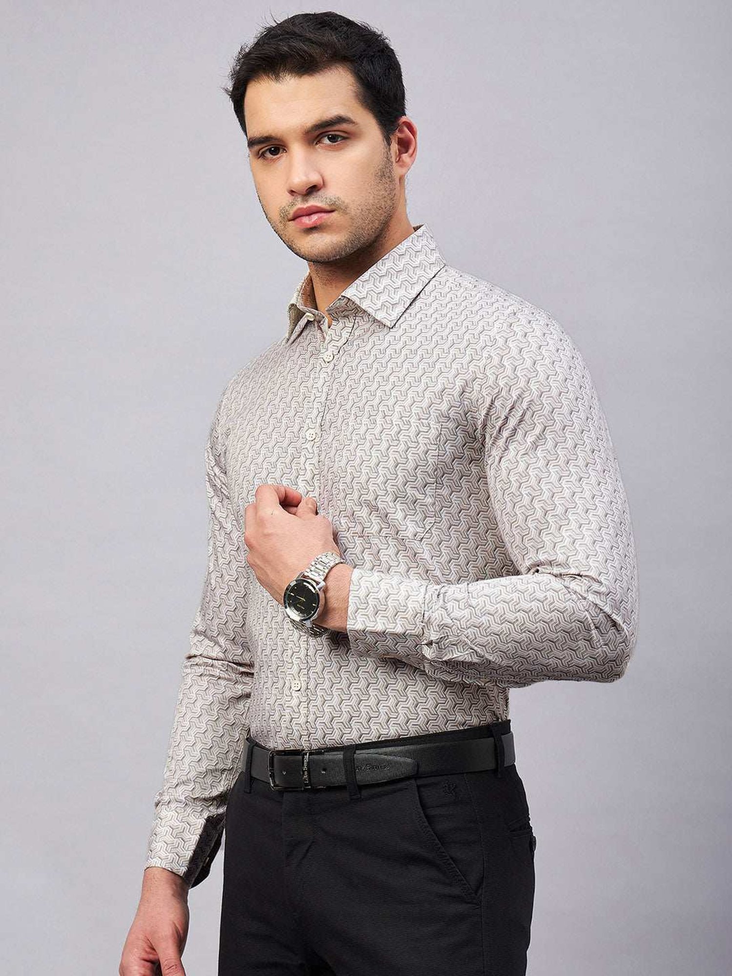 Louis Stitch Cream Cotton Regular Fit Printed Shirt