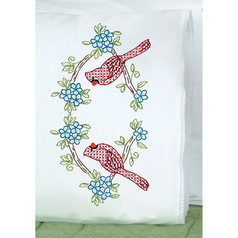Jack Dempsey Stamped Pillowcases W/White Lace Edge 2/Pkg-Cardinal