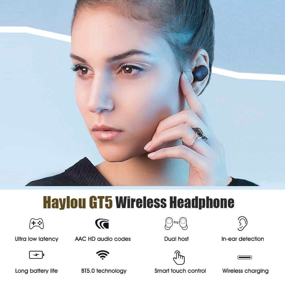 Xiaomi Youpin Haylou GT5 True Wireless Earbuds BT 5.0 Headphones with Touch Control Dual Hosts Voice Assistance Supports Wireless Charging TWS Headsets with In-ear Detection Battery Indicator for