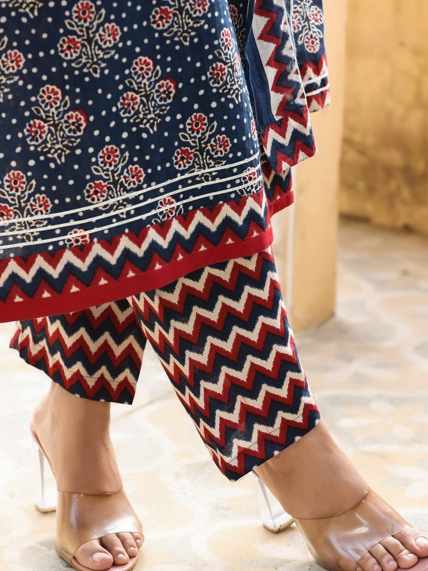 Rain and Rainbow Navy Cotton Printed Kurta Pant Set With Dupatta