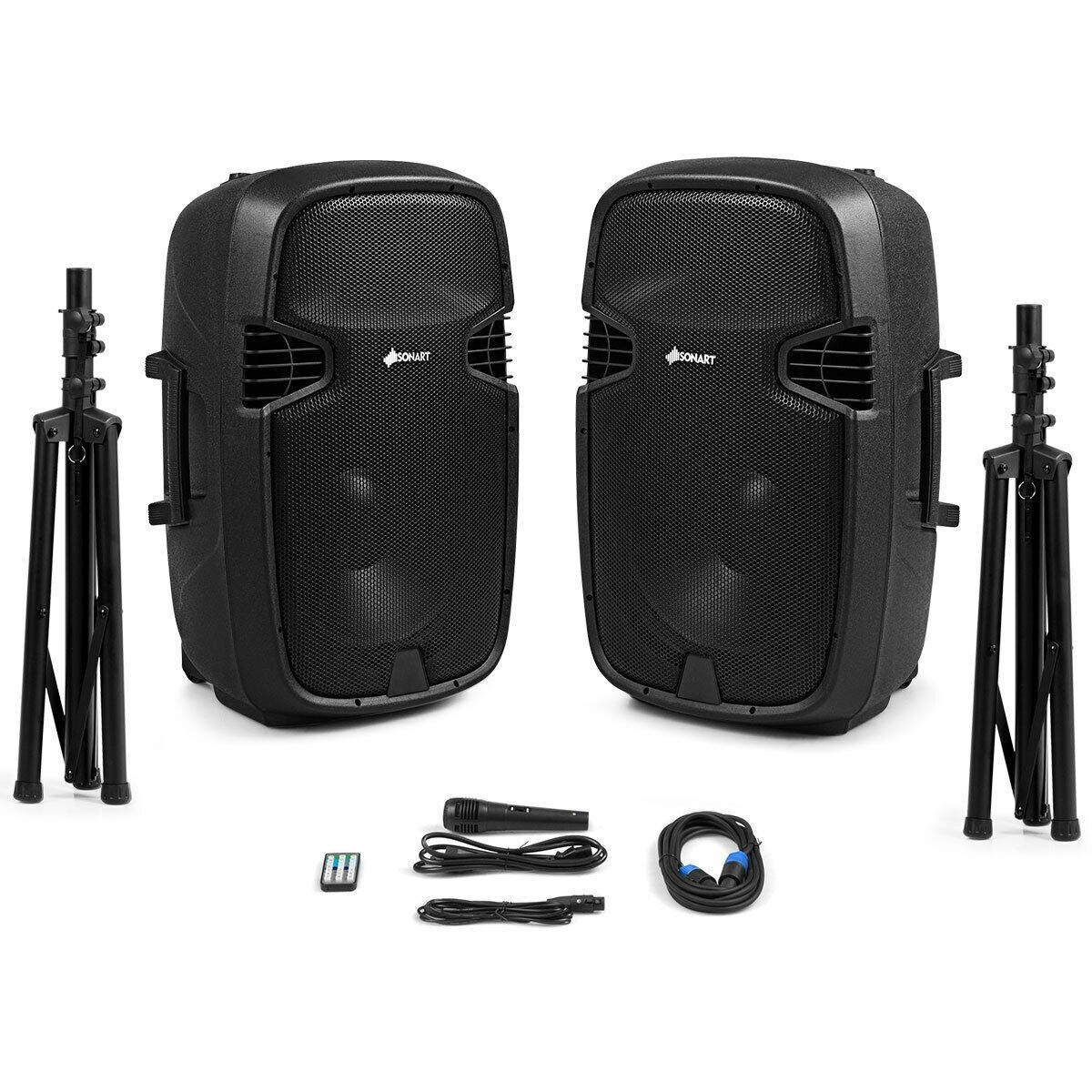 3000 W Dual 15" Powered Speakers with Bluetooth and Adjustable Bracket