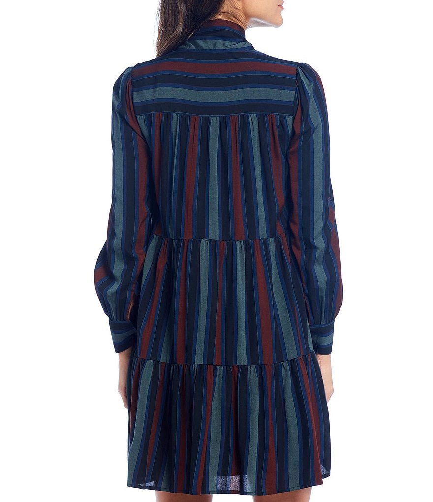 Maggy London Tie Neck Long Cuff Sleeve Striped Tiered Trapeze Dress