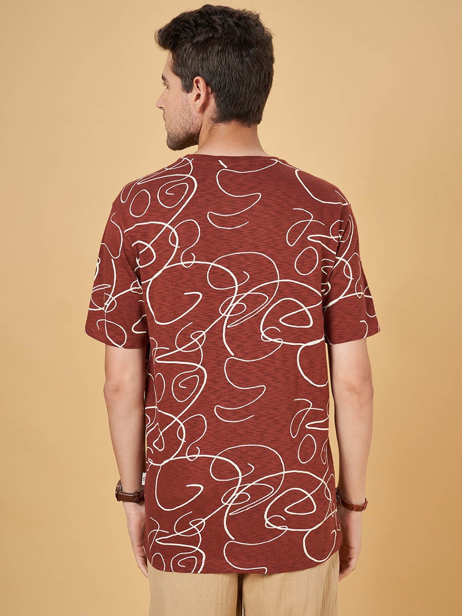 7 Alt by Pantaloons Coffee Cotton Relaxed Fit Printed T-Shirt