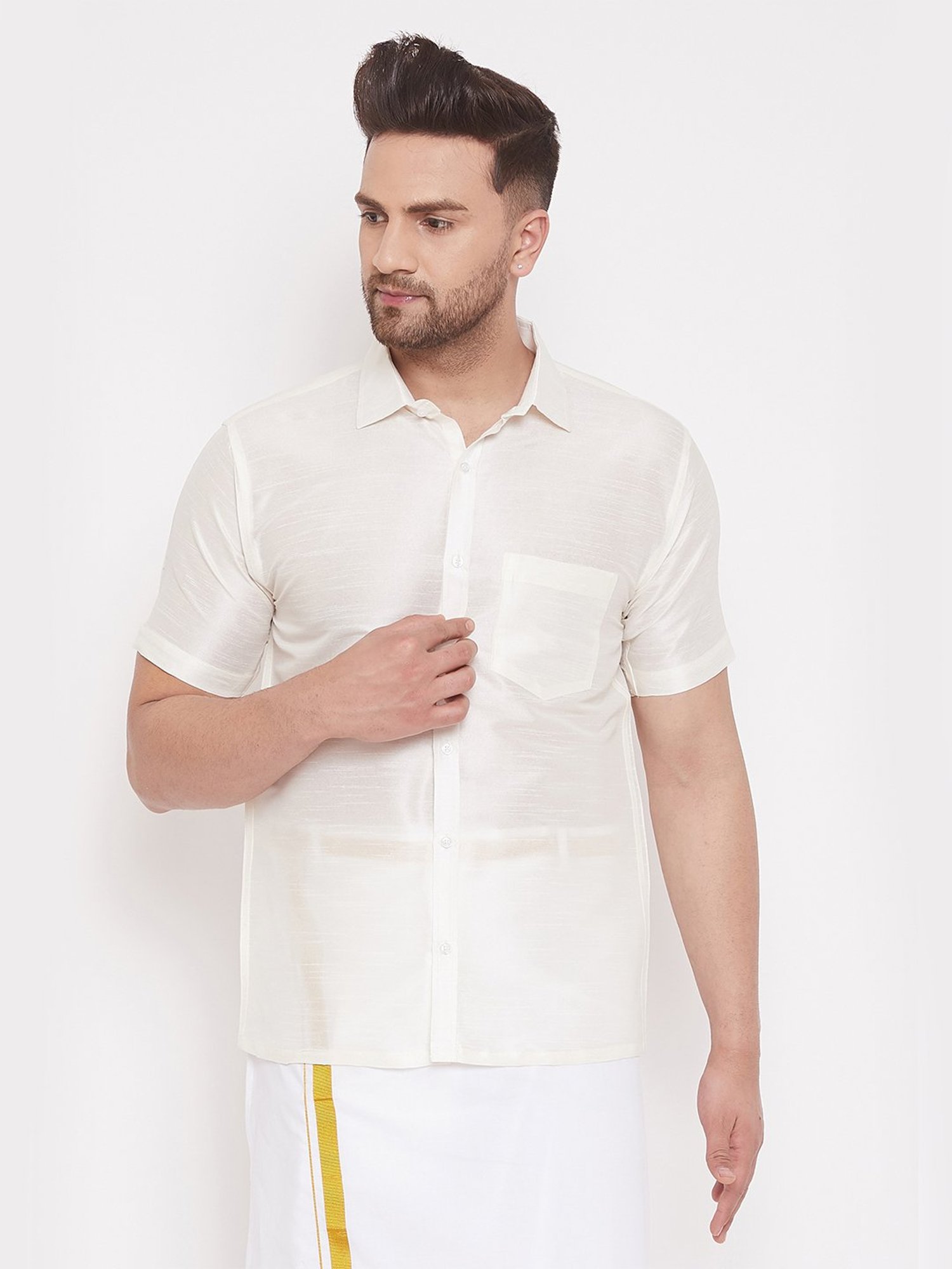 VASTRAMAY Cream Straight Fit Self Pattern Shirt