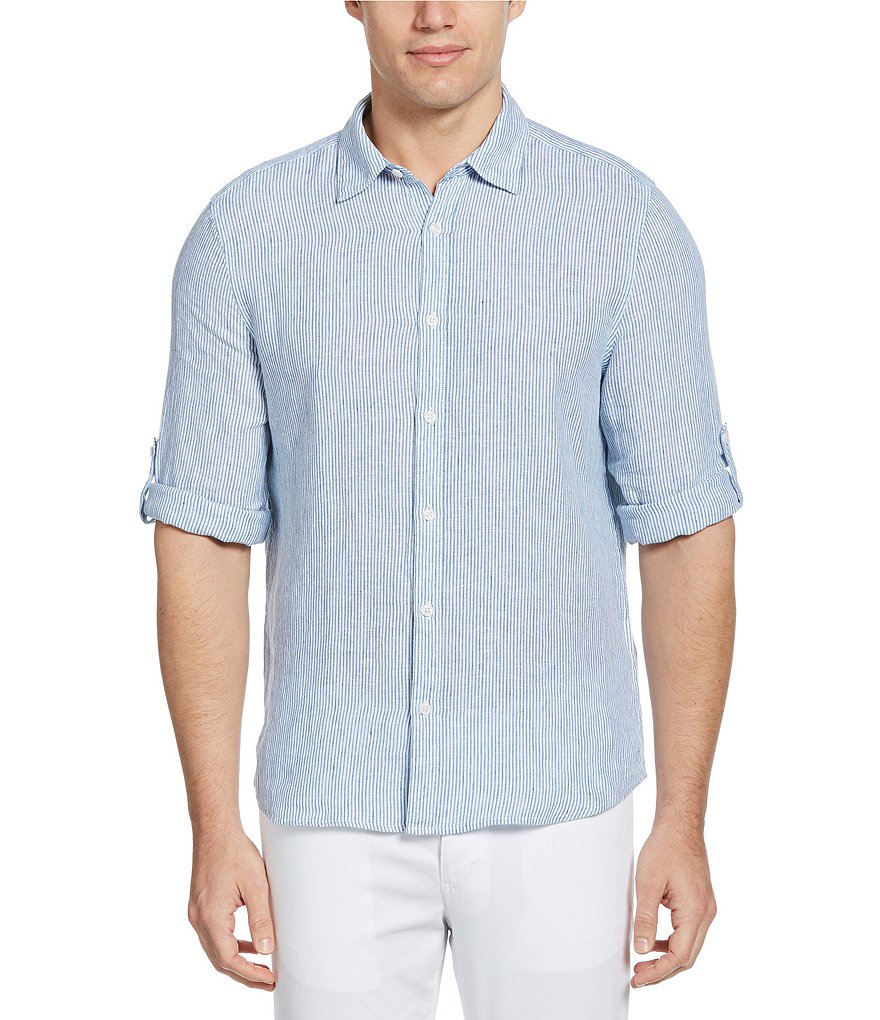 Perry Ellis Untucked Stripe Linen Roll-Sleeve Woven Shirt