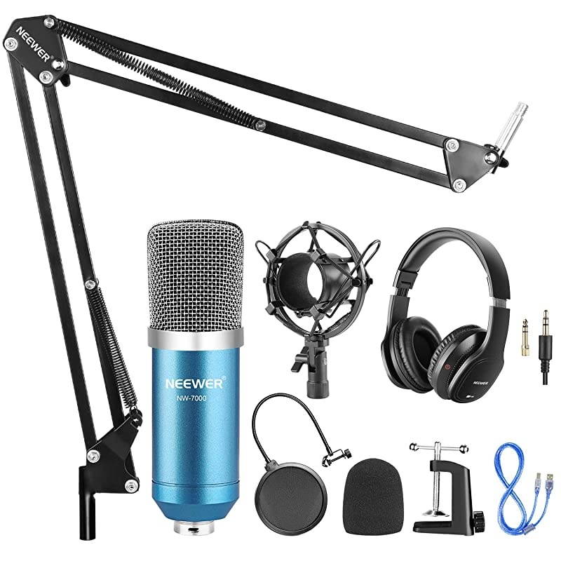 USB Microphone with Suspension Scissor Arm Stand Shock Mount Monitor Headphone Pop Filter USB Cable and Table Mounting Clamp Kit for Sound Recording for Windows and Mac BlueSilver