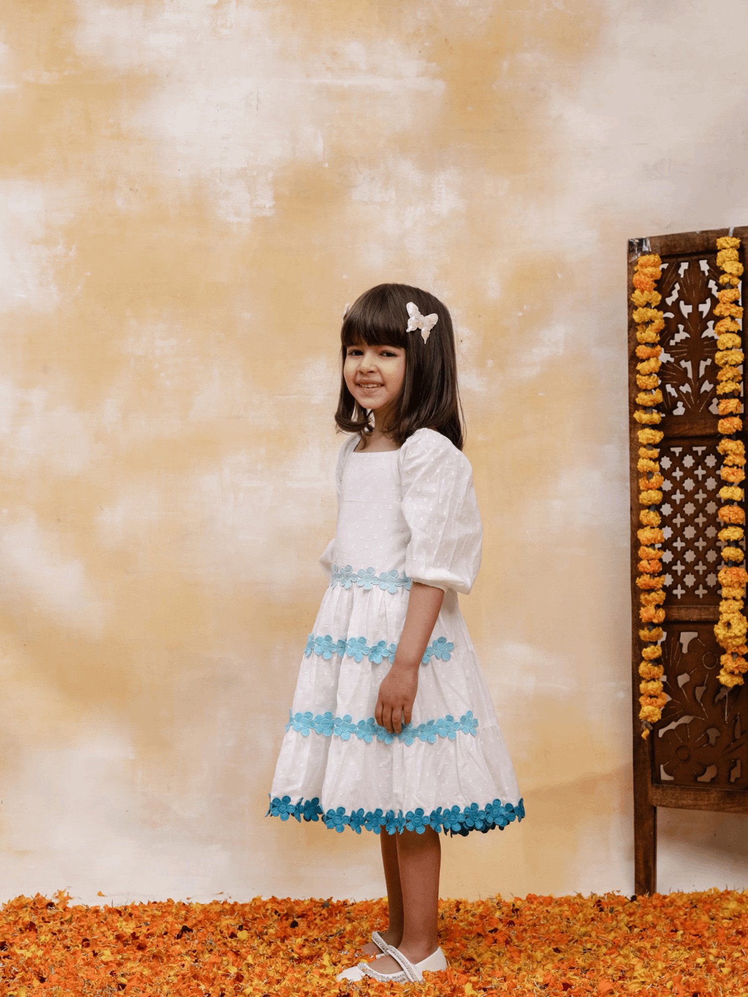 Budding Bees Kids White Embroidered Dress